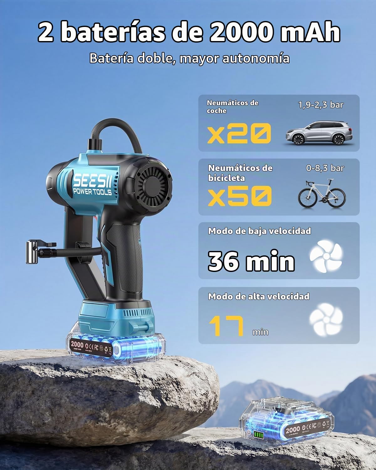 SEESII Compresor de neumáticos doble batería 150 PSI inalámbrico LED