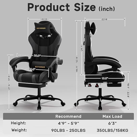 Ergonomic Gaming Chair,A Versatile 3-in-1 Video Game Chair for Work, Study, and Gaming,Features an Adjustable Backrest, Footrest, and Linked Armrests Office Chair for Adults,BlackGrey