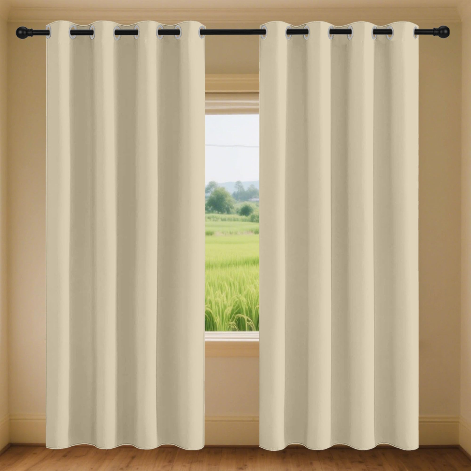 Rideau 100% occultant 150x180 cm crème isolant thermique et phonique moderne à oeillets pour salon