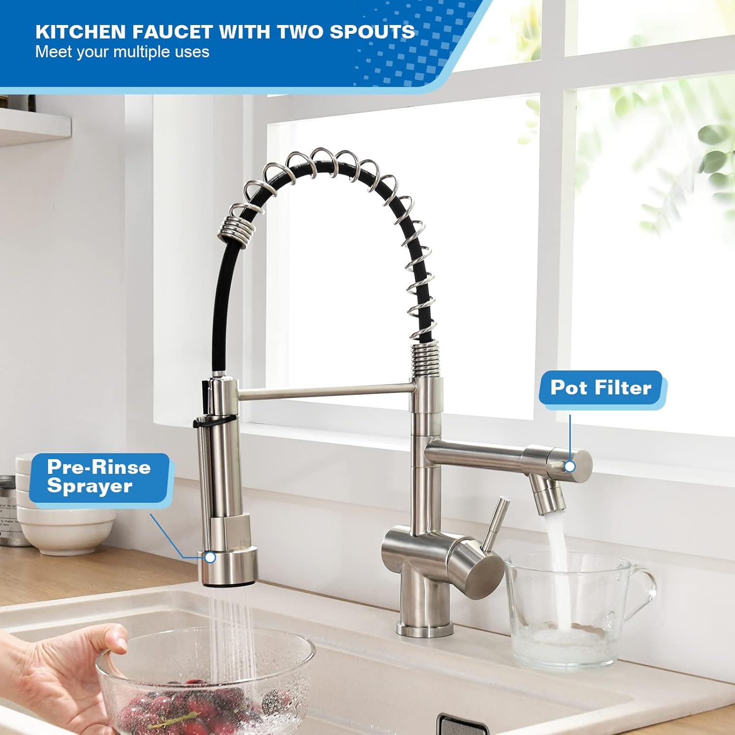 Commercial Kitchen Faucet, VFAUOSIT Kitchen Faucet with Pull Down Sprayer, Pot Filler Kitchen Sink Faucet, Brushed Nickel Stainless Steel Spring Sink Faucet with Deck Plate