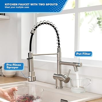 Commercial Kitchen Faucet, VFAUOSIT Kitchen Faucet with Pull Down Sprayer, Pot Filler Kitchen Sink Faucet, Brushed Nickel Stainless Steel Spring Sink Faucet with Female 1/2 Adapters