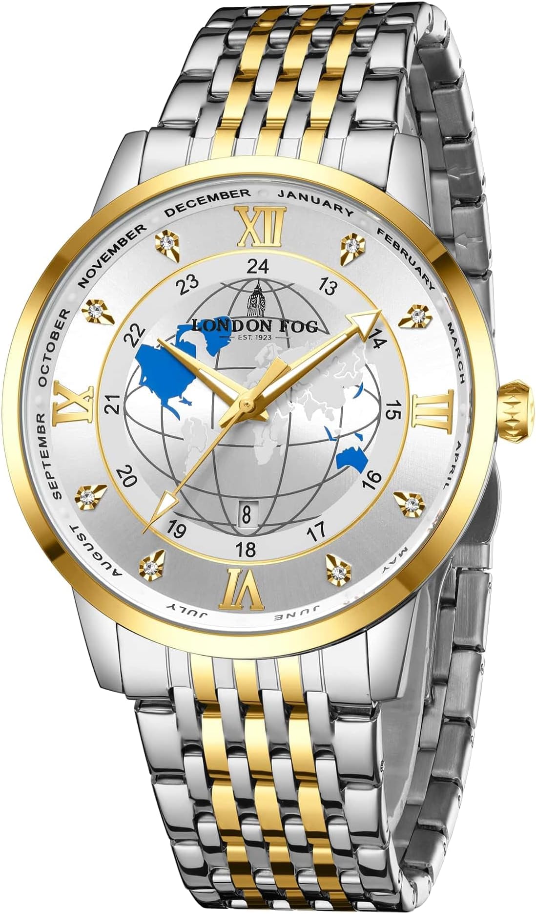 - Baker Collection Analog Quartz Watch for Men with Round Dial, Stainless Steel Strap, Luminous Hands and World Map Dial Design