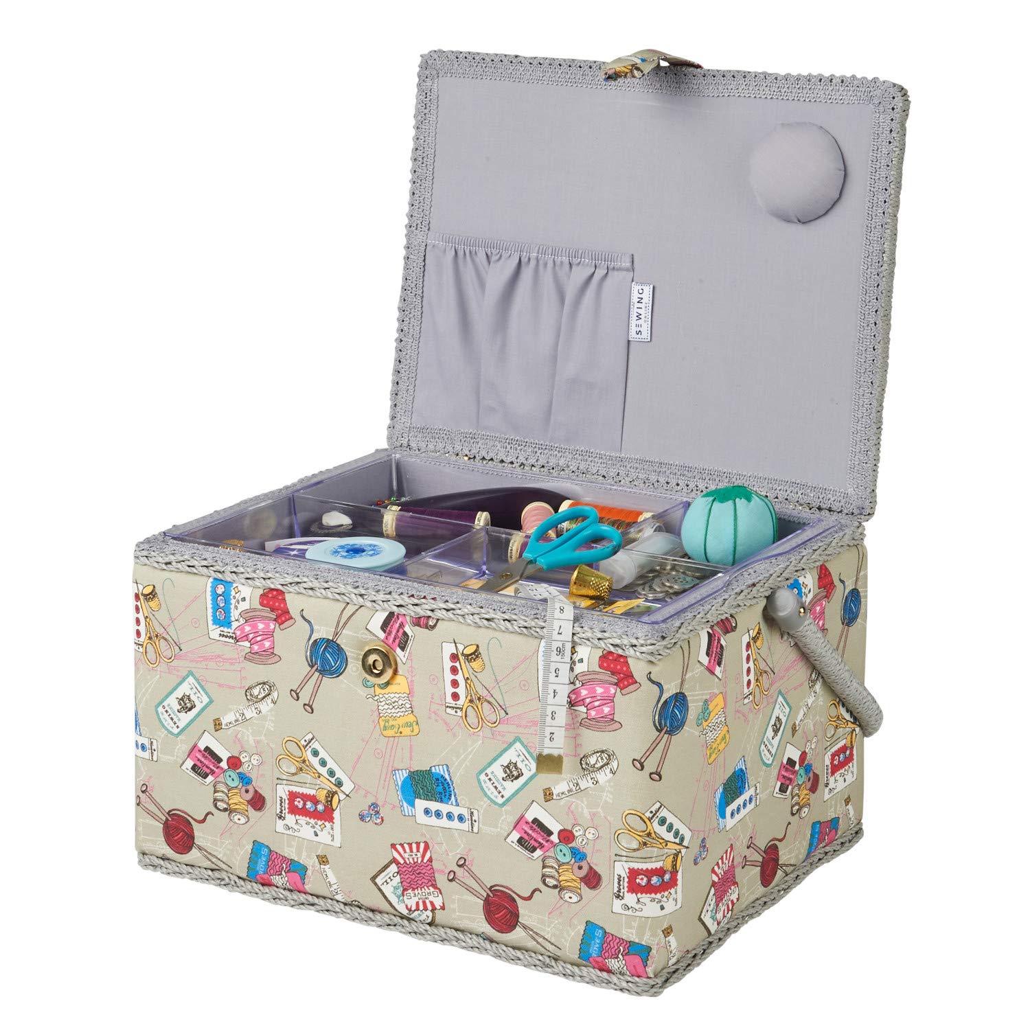Grande boîte à couture grise Notions, tissu à motifs multicolores contemporains, 23,5 x 31 x 20 cm