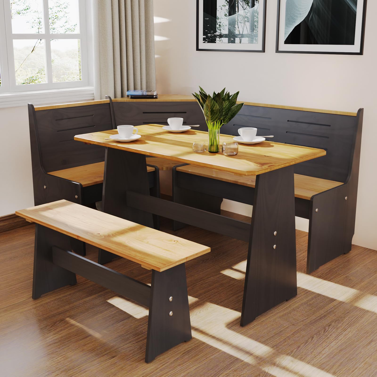 Photo 1 of ***MISSING PARTS***
Breakfast Nook Table Set - Corner Kitchen Dining Table Set for 4-6 People, Solid Pine Wood with L-Shaped Bench, Modern Farmhouse Dining Room Set, Space-Saving for Small Spaces & Apartments, White