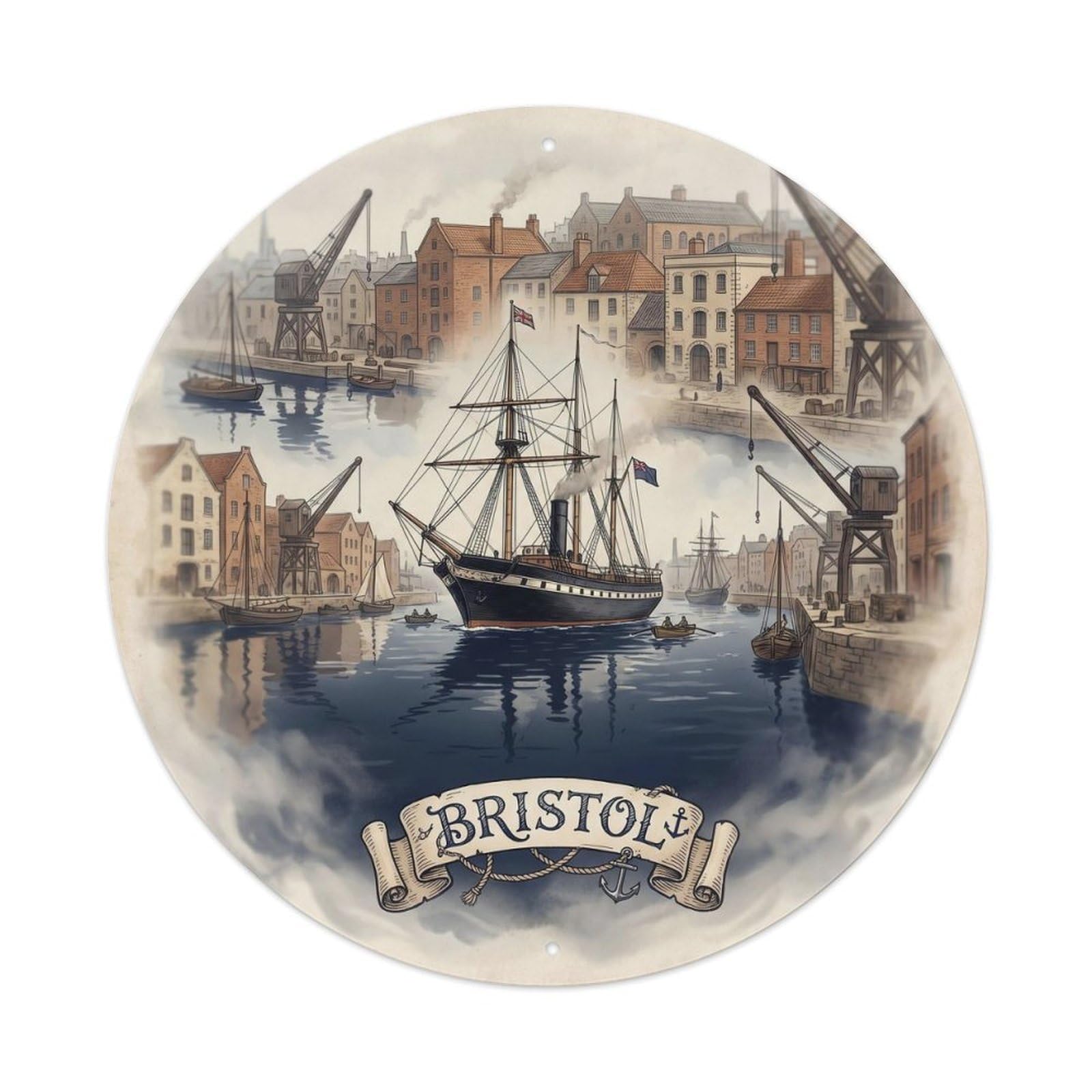 Bristol Harbour Maritime Heritage Cityscape Vintage Travel Metal Tin Sign Plaque Wall Decor for Cafe, Man Cave, Club Bar, Office, Home Garden Round Metal Poster 8x8Inch