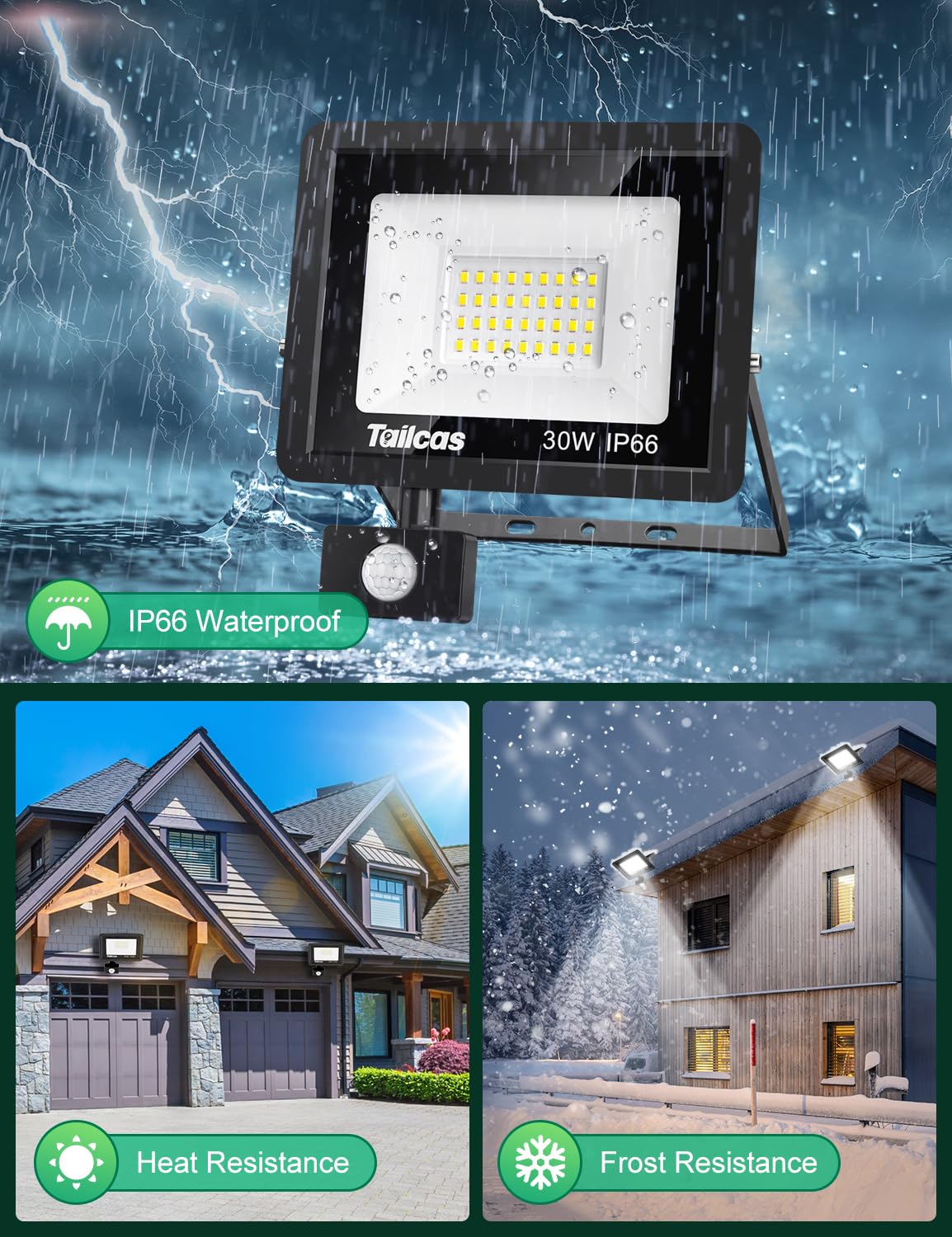 Tailcas 30W Focos LED Exterior con Sensor de Movimiento, IP66 Impermeable Foco Proyector LED con Control Remoto, 2700LM, 6500K Blanco Frío Foco LED Exterior o Interior para Jardín, Patio, Garaje