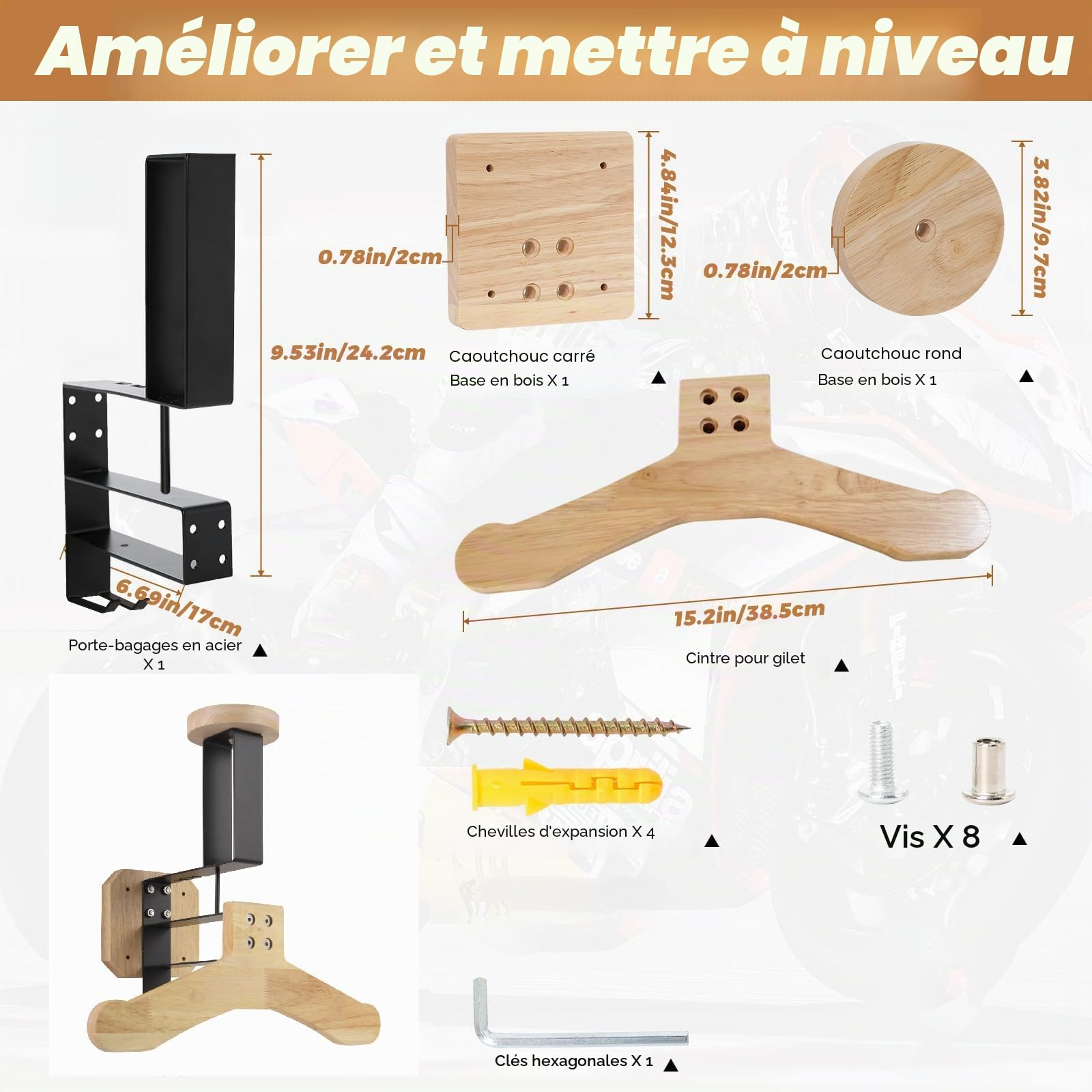 Support Casque Moto, Porte Casque Moto Mural pour Accrocher Le Casque et la Veste de Moto au Mur, Support Mural pour Gilet Tactique (Un baroudeur)