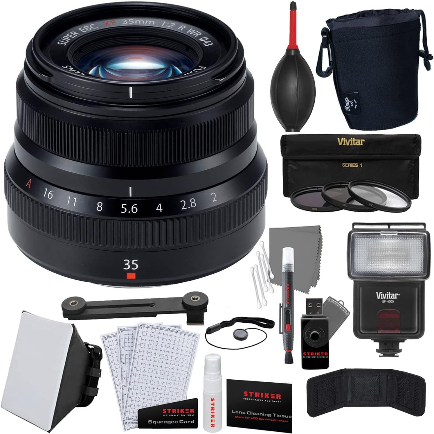 Fujifilm XF 35mm F2 R WR |Black + Deluxe Photo Starter Kit (11 Pieces) + 3-Piece Multi-Coated HD Filter Set + Lens Pouch | Medium + Flash with Bracket + Soft Box Flash Diffuser