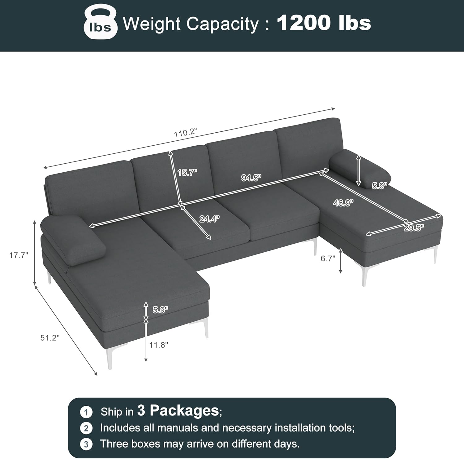 VERYKE Modern U-Shaped Sectional Sofa, 110'' Linen Fabric Couch, Upholstered Sofa Bed with Metal Legs for Home Office