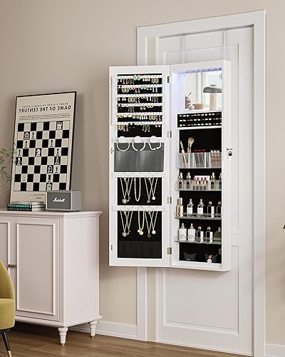 Miniatura 3 de Hzuaneri Armario de joyería de 8 LED, 42.7 pulgadas de alto, sin marco, organizador de joyas de espejo sin marco, con cerradura, montaje en