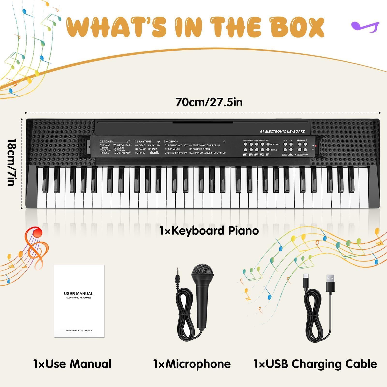 61 Teclas Piano Teclado Infantil con Micrófono - Juguetes Teclados Electrónicos para Edades Musical Regalos para Niños y Niñas de 3 4 5 6 7 Años, Negro