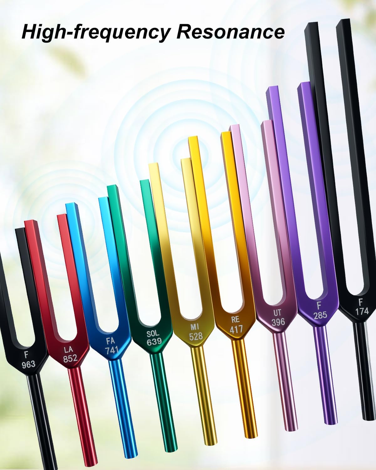 Colorful Tuning Fork Set for Sound Healing 9 Pcs, Chakra Balancing & Meditation 174Hz 285Hz 396Hz 417Hz 528Hz 639Hz 741Hz 852Hz 963Hz with 1 Silicone Hammer and Storage Bag