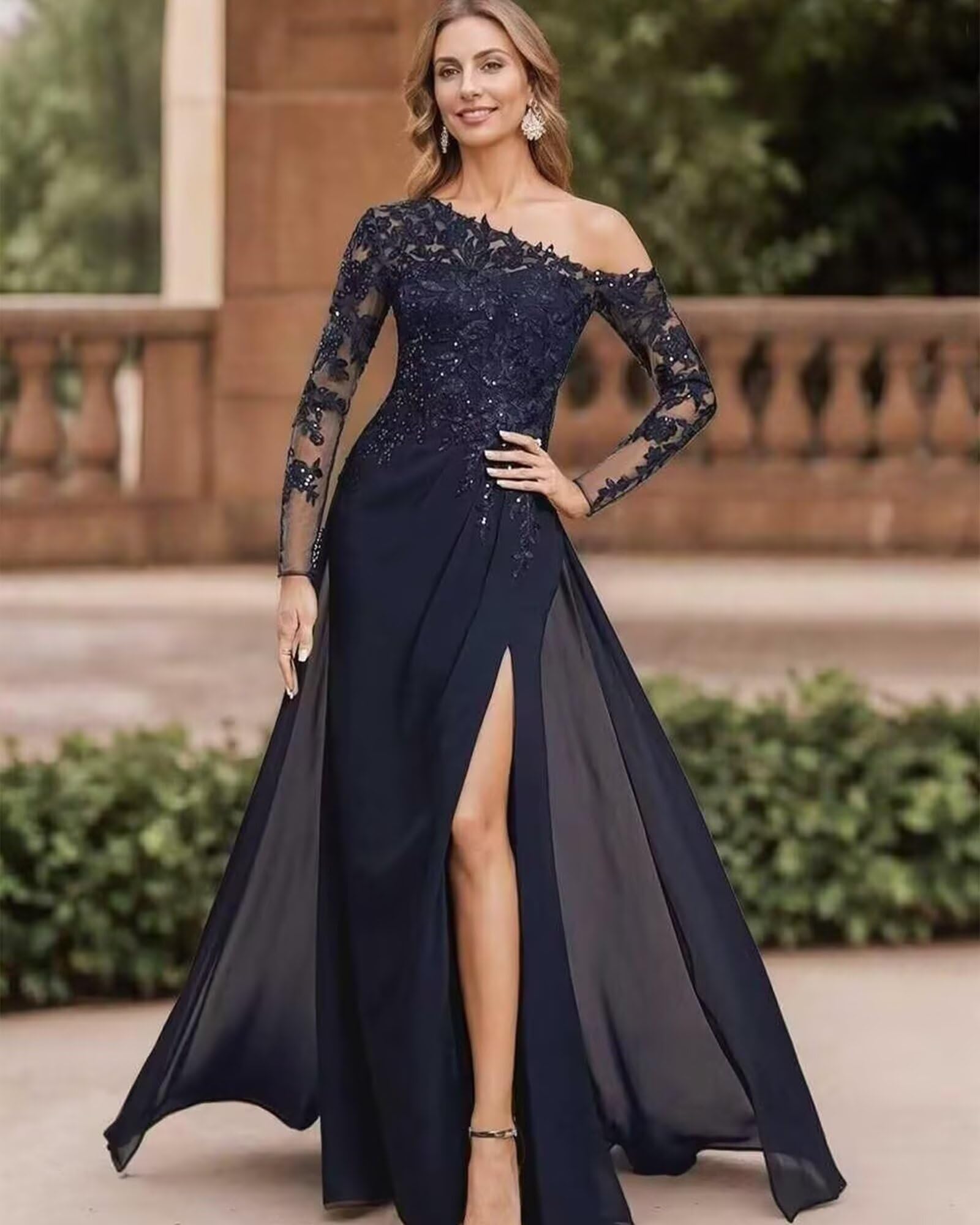 Glitzernd Pailletten Abendkleider Elegant für Hochzeit One Shoulder Spitzen Brautmutterkleider Langen Ärmeln Abendkleid mit Schlitz