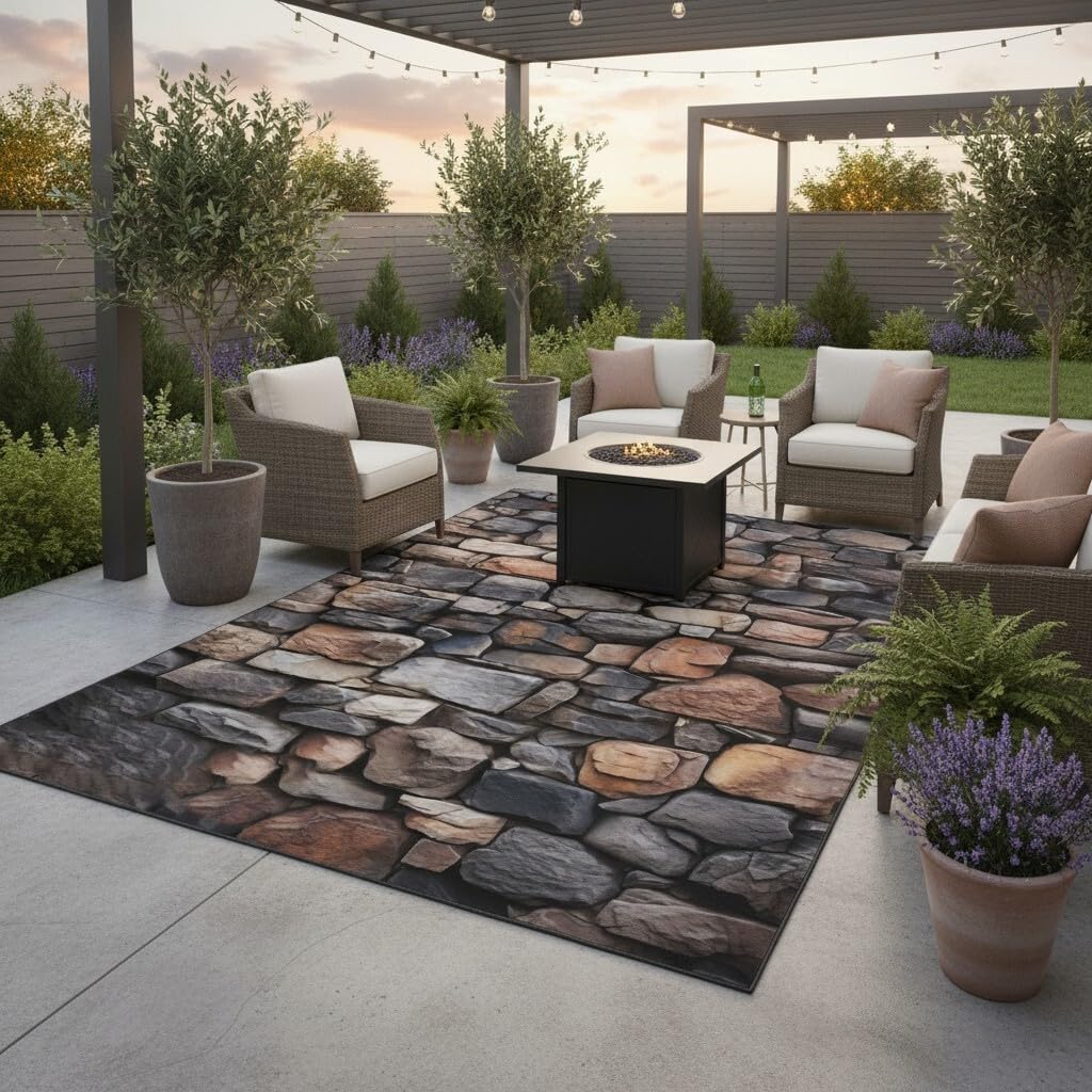 Vintage Brick Stone Wall Beige Brown Black 5x8 Outdoor Rugs for Patio Deck Backyard Porch Camping Garden Mat Abstract Natural Rock Print Non Slip Thin Waterproof Outside Low Pile Floor Mats