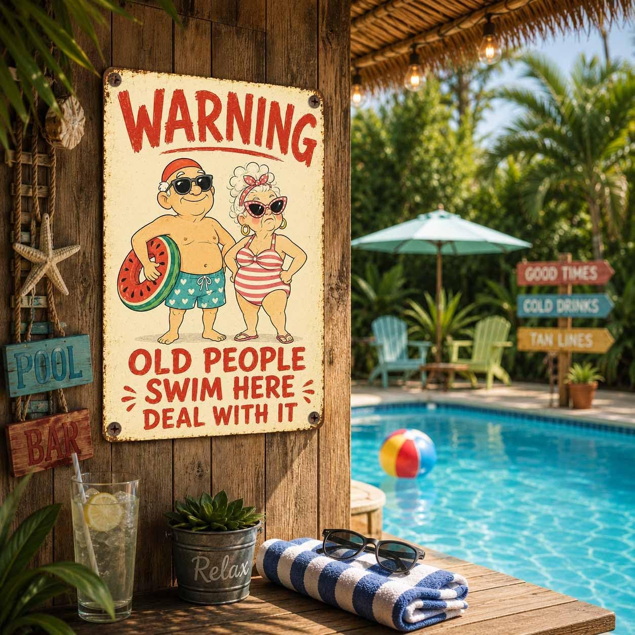 Pool Metal Sign, Old People Swim Here Wall Decor 8"x12" image 5