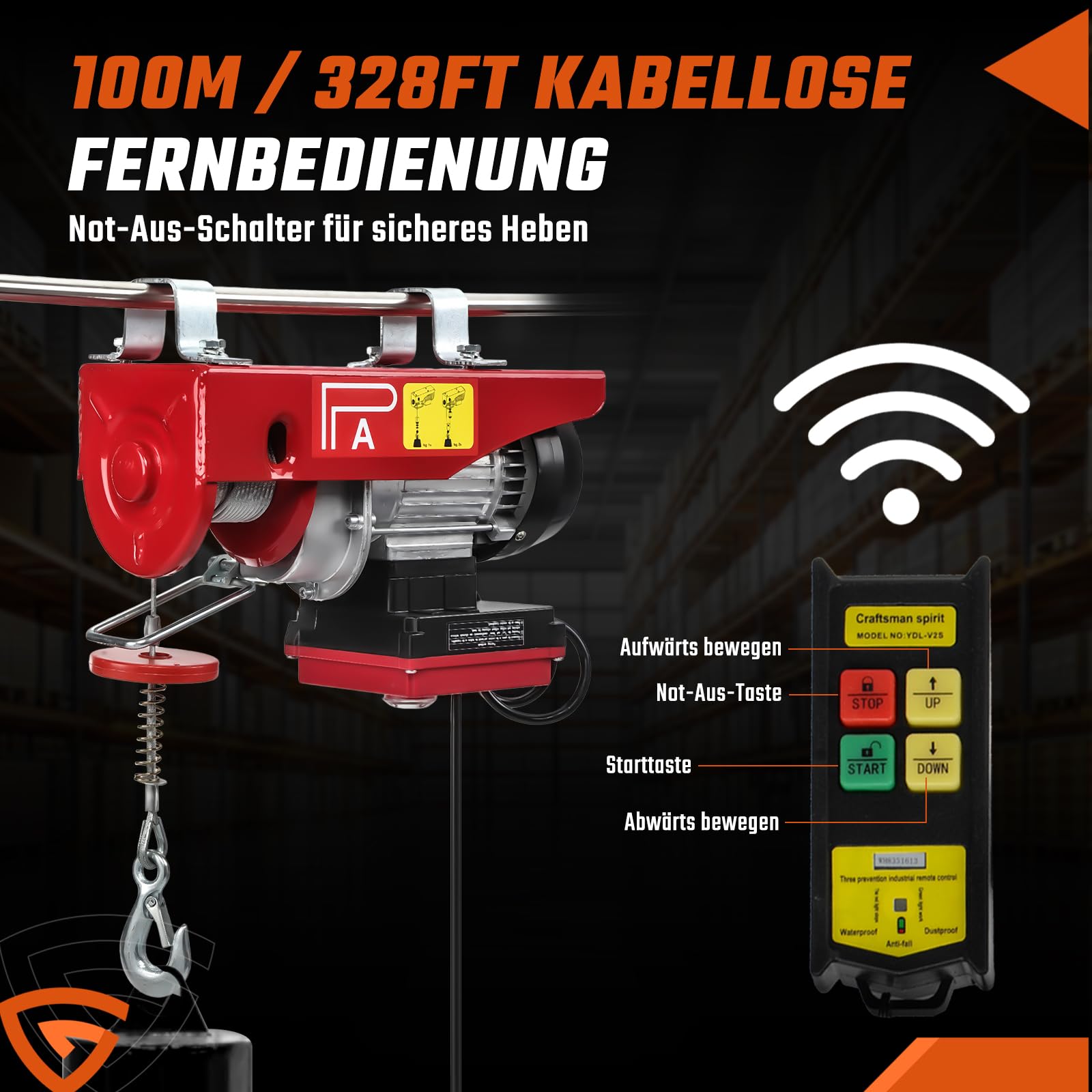 Seilwinde Elektrisch 230v 100/200 kg Tragkraft 12m Hubhöhe Stahlseil inkl.10m/min Hubgeschwindigkeit mit kabelloser Fernbedienung(100m) MOBILE Seilzug elektrisch Seilhebezug Hebezug
