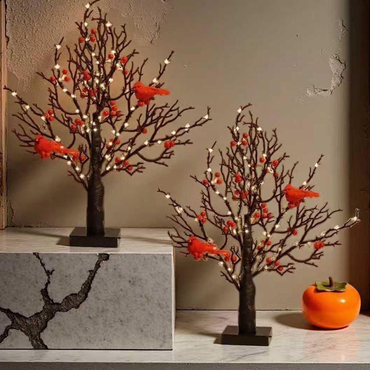 Vintage Glowing Tree With Cardinals, Christmas Tabletop Decorations Indoor, Ambient Tree Lights Ornaments, With Berries And Red Cardinal, For Home Table Centerpiece Mantel Decor