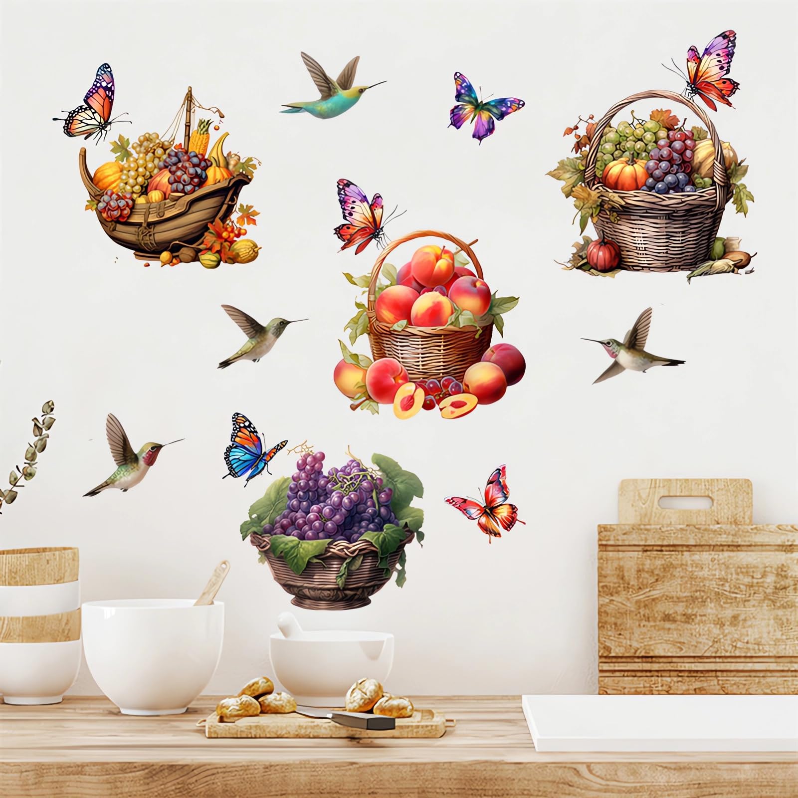 Colorful Fruits & Hummingbird Wall Decals - Removable Peel And Stick Vinyl Stickers For Home Decor