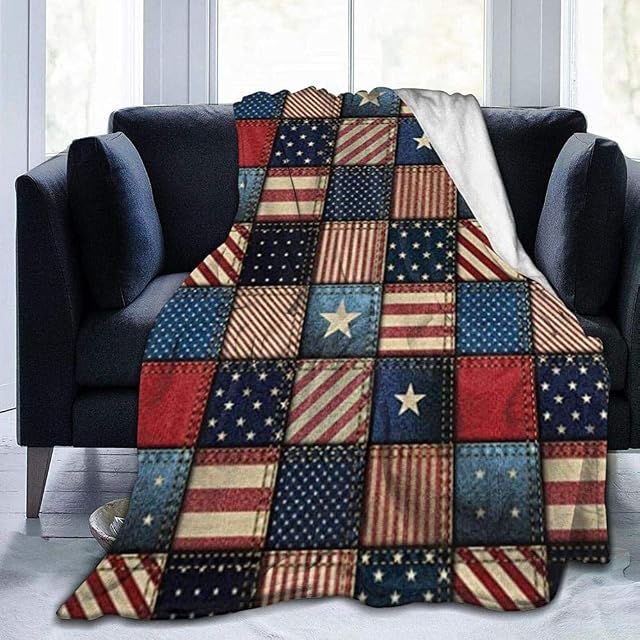 Blanket Flannel Plush Throw,Soft Blanket Microfiber Fleece Blanket Throw American Flag Patchwork Printed Microfiber Plush Blanket for Bedroom Living Room Couch Bed Sofa for Kids Adults -50"x40"