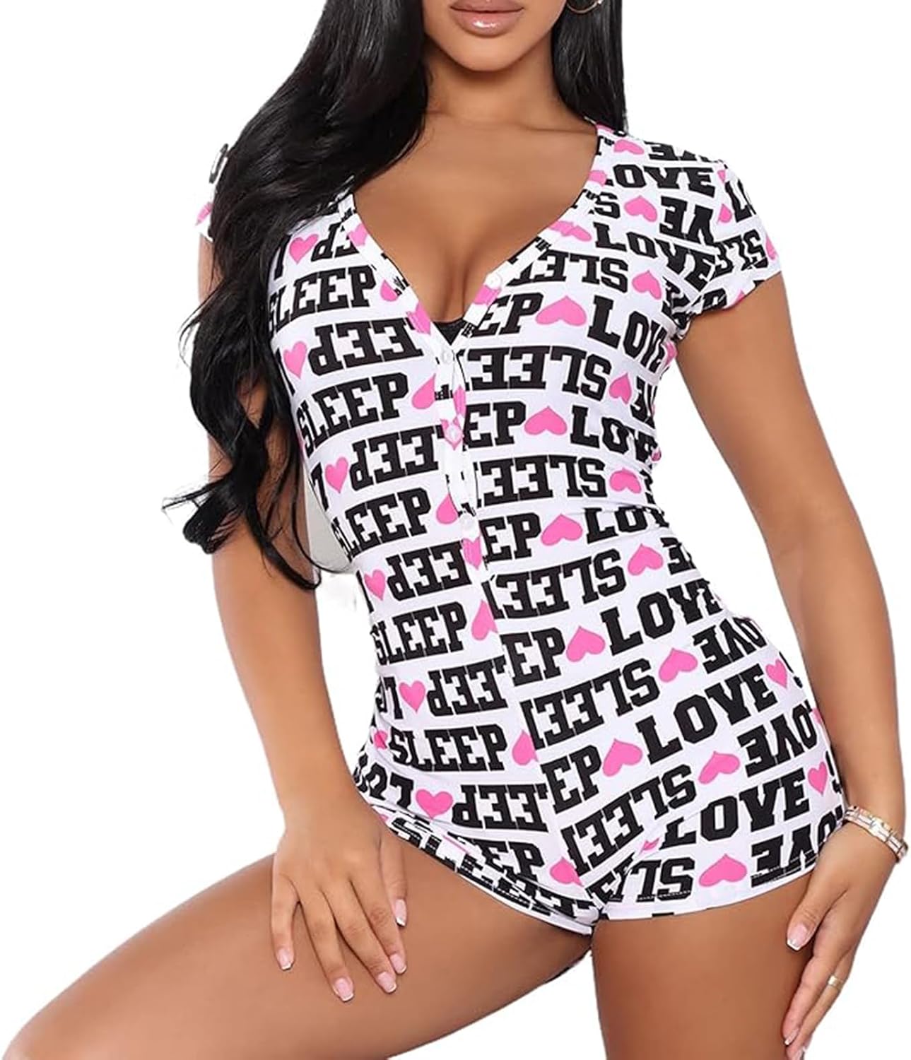 Piacakece Women One Piece Bodycon Romper Pajamas Button V-neck Short Sleeve Bodysuit Jumpsuit Shorts Pjs Playsuit