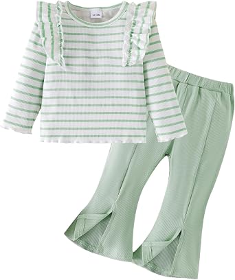 Baby Girl Clothes Toddler Fall Winter Outfits Cute Long Sleeve Striped Ruffle Shirt and Flared Pants Set 1-5 Years