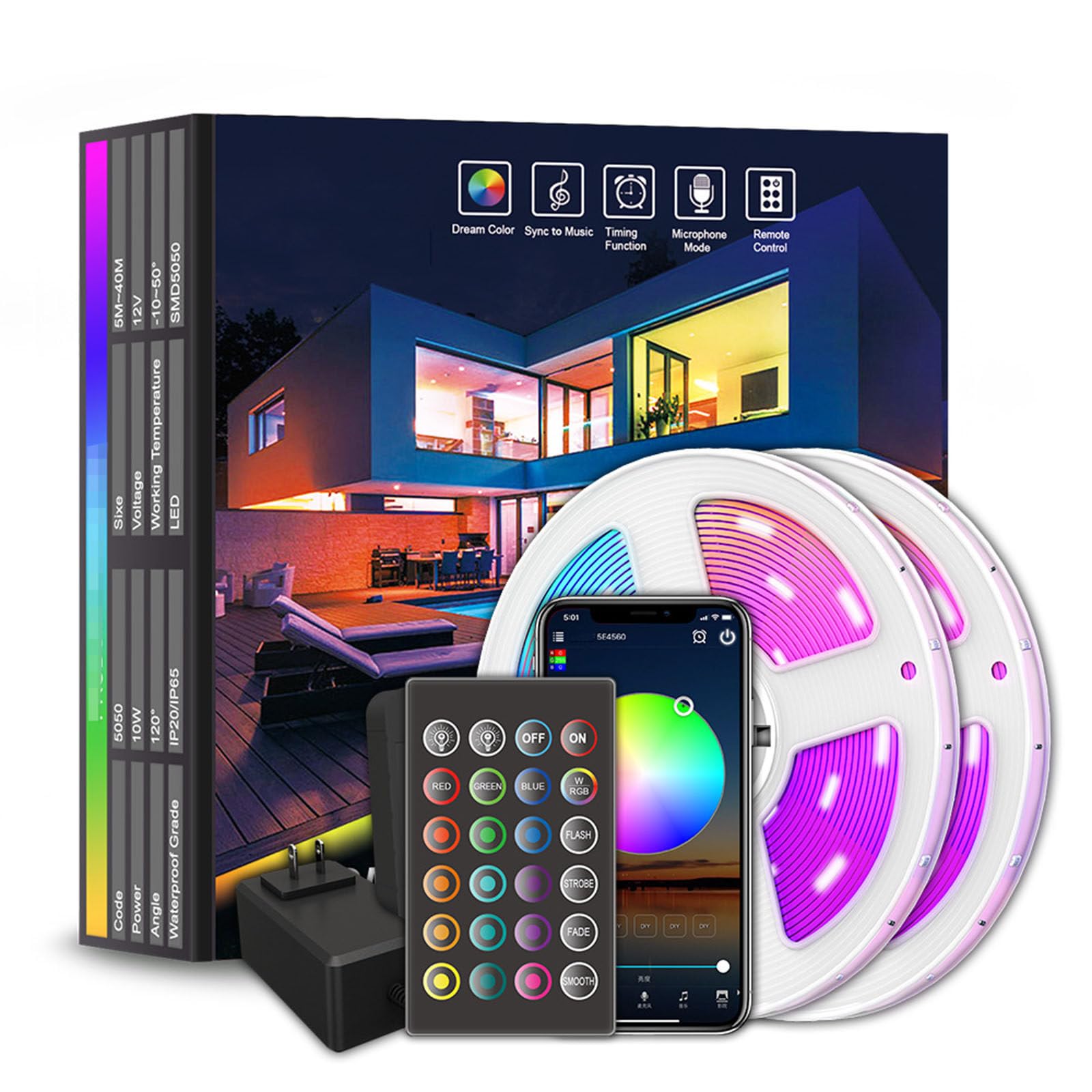 Tira de luz mágica Inteligente 5050Rgb, Juego de Tira de luz WiFi, aplicación de iluminación LED, Control Remoto, Resistente al Agua Ip65,5m