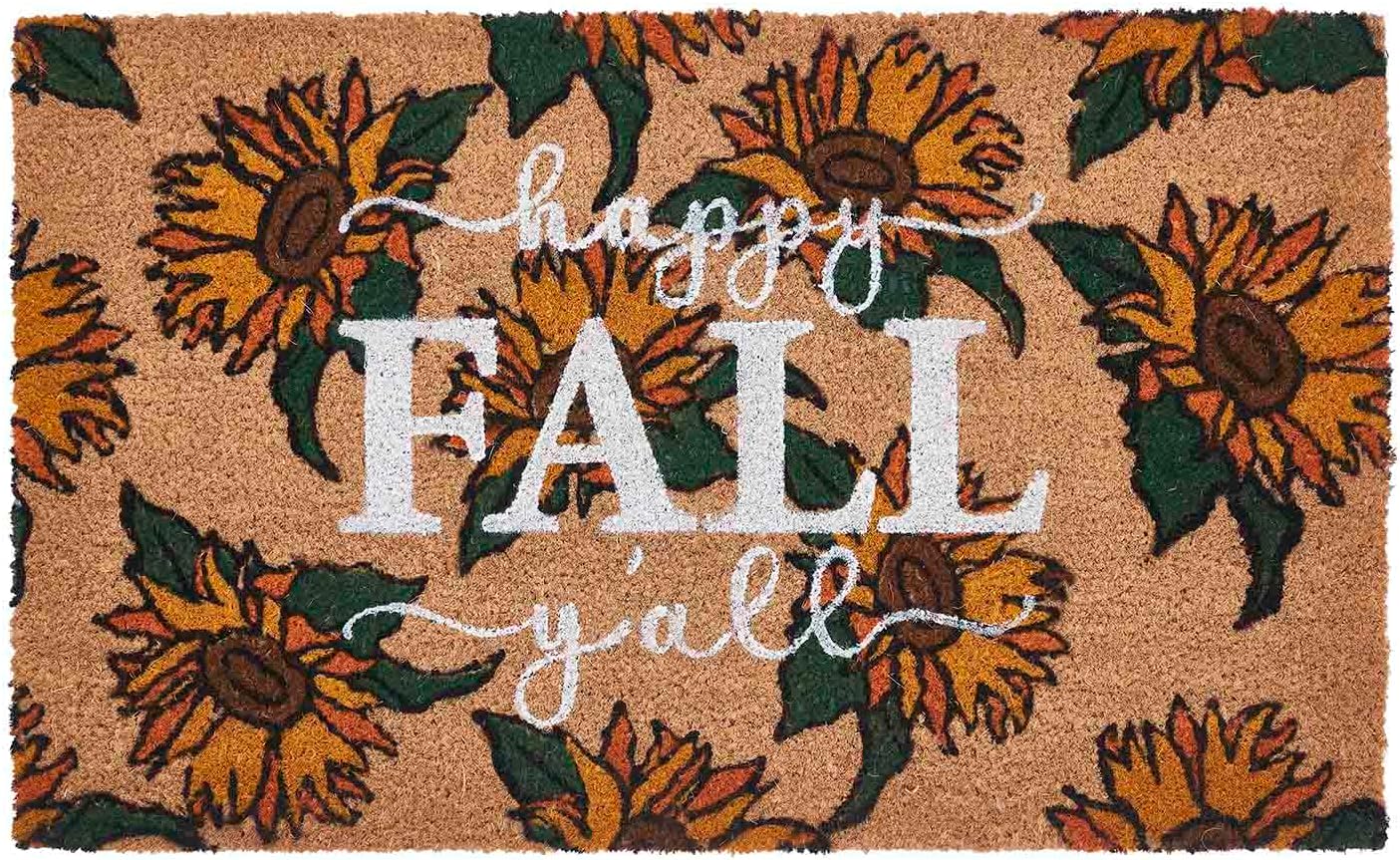 VCNY Home - Doormat, Outdoor Coir Welcome Mat, Happy Fall Y'all Printed, Sunflower Design (Fall Collection, 18" x 30")
