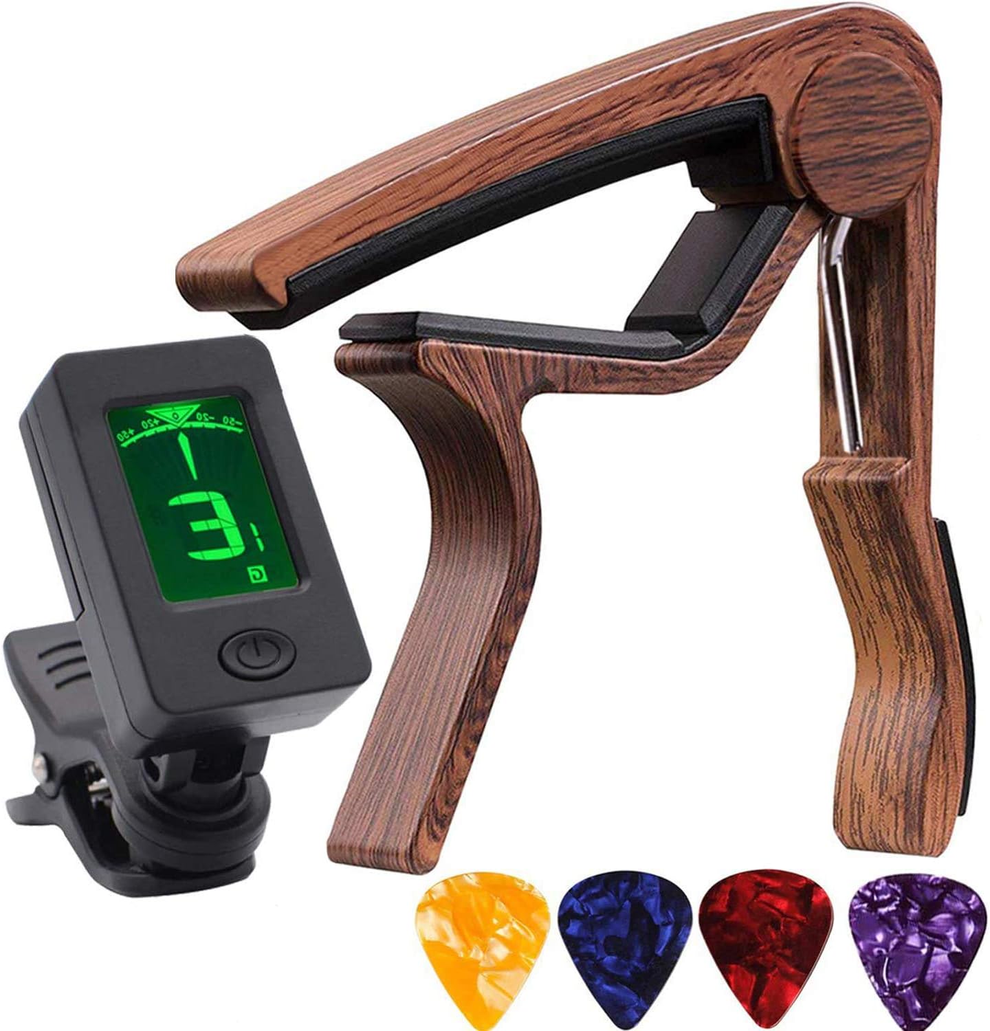 – Rosewood Capo with Clip-On Tuner for Acoustic Guitar