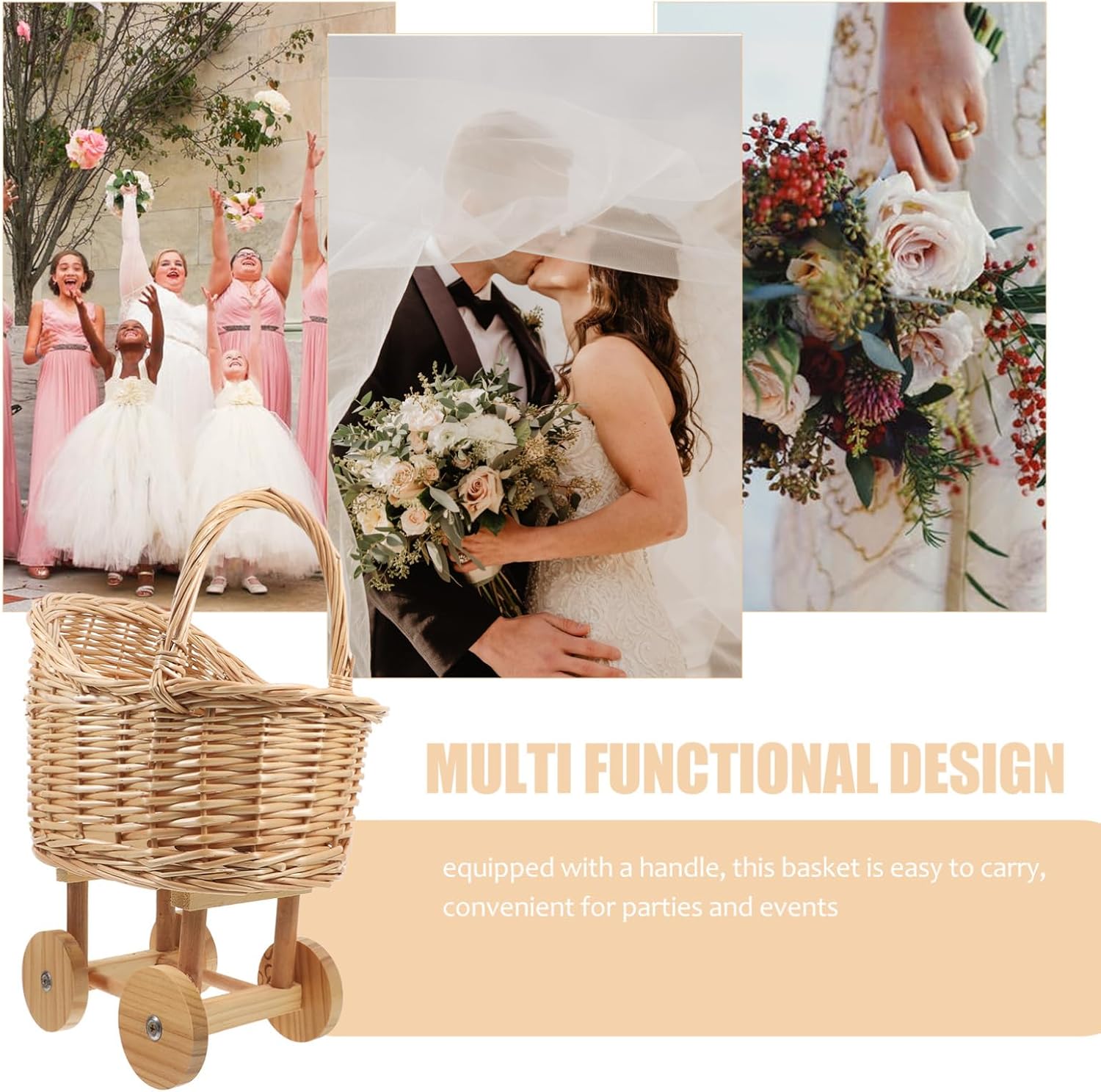 Unique Stroller Shape Basket Rattan Flower Basket for Wedding Shower and Woven Handle