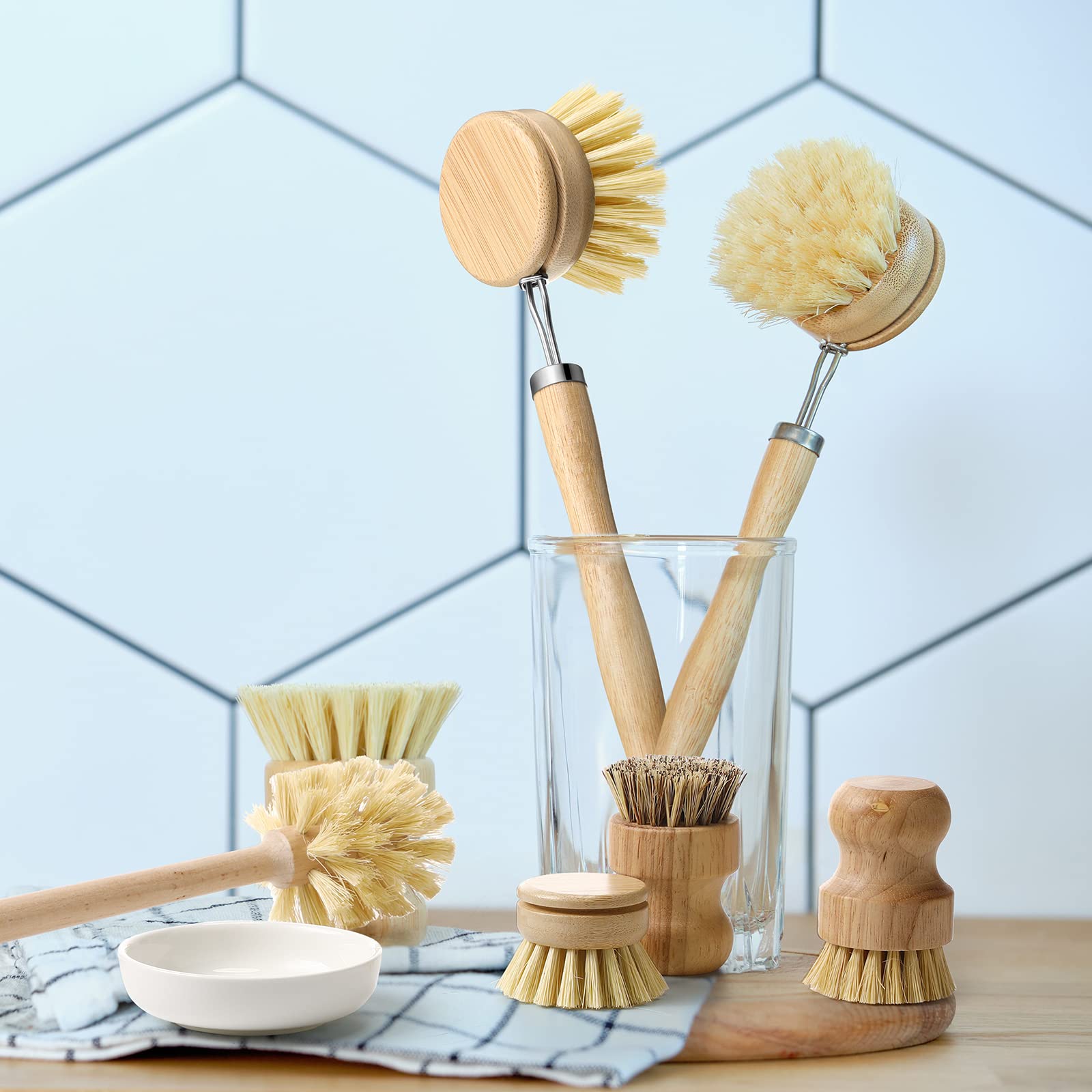 Lot de 10 brosses de nettoyage de cuisine en bambou avec têtes de rechange pour vaisselle, bouteilles à large goulot, tasses et bocaux