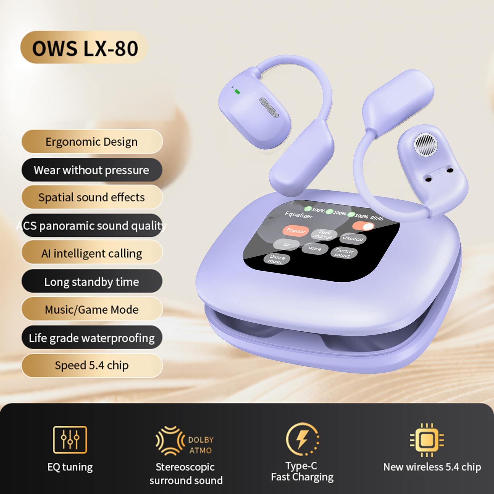 Auricolari Wireless con Gancio per L'orecchio, Comode Cuffie per Traduzione AI con Sottotitoli in Tempo Reale, Cuffie da Gioco a Bassa Latenza Allenamenti/viaggiatori (Viola)