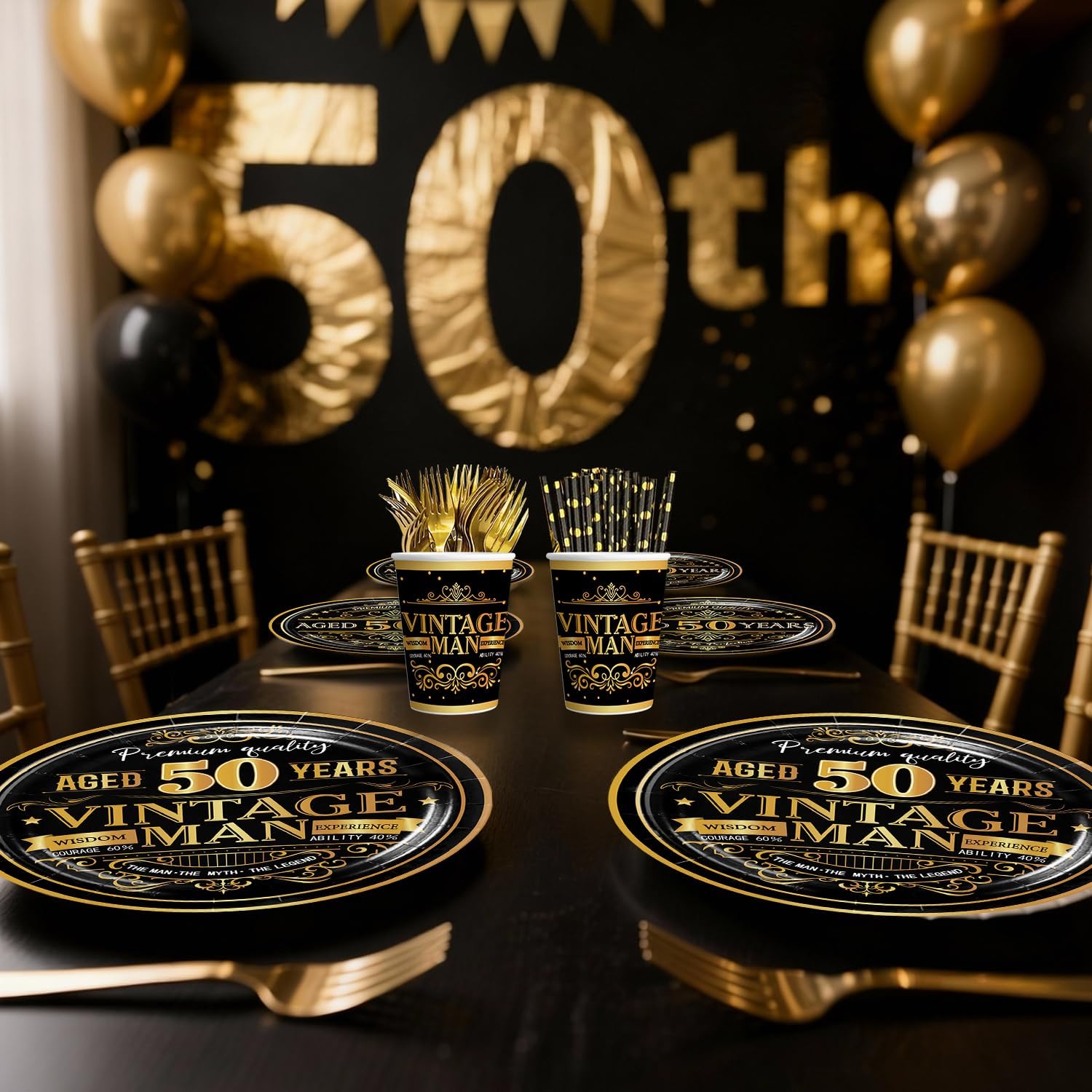 206pcs Black and Gold 50th Birthday Decorations for Him Complete Party Set, for 25 Guests, Disposable Happy 50th Plates, Napkins, Pre-strung Banner to 50 th Birthday Decorations for Men - Image 5