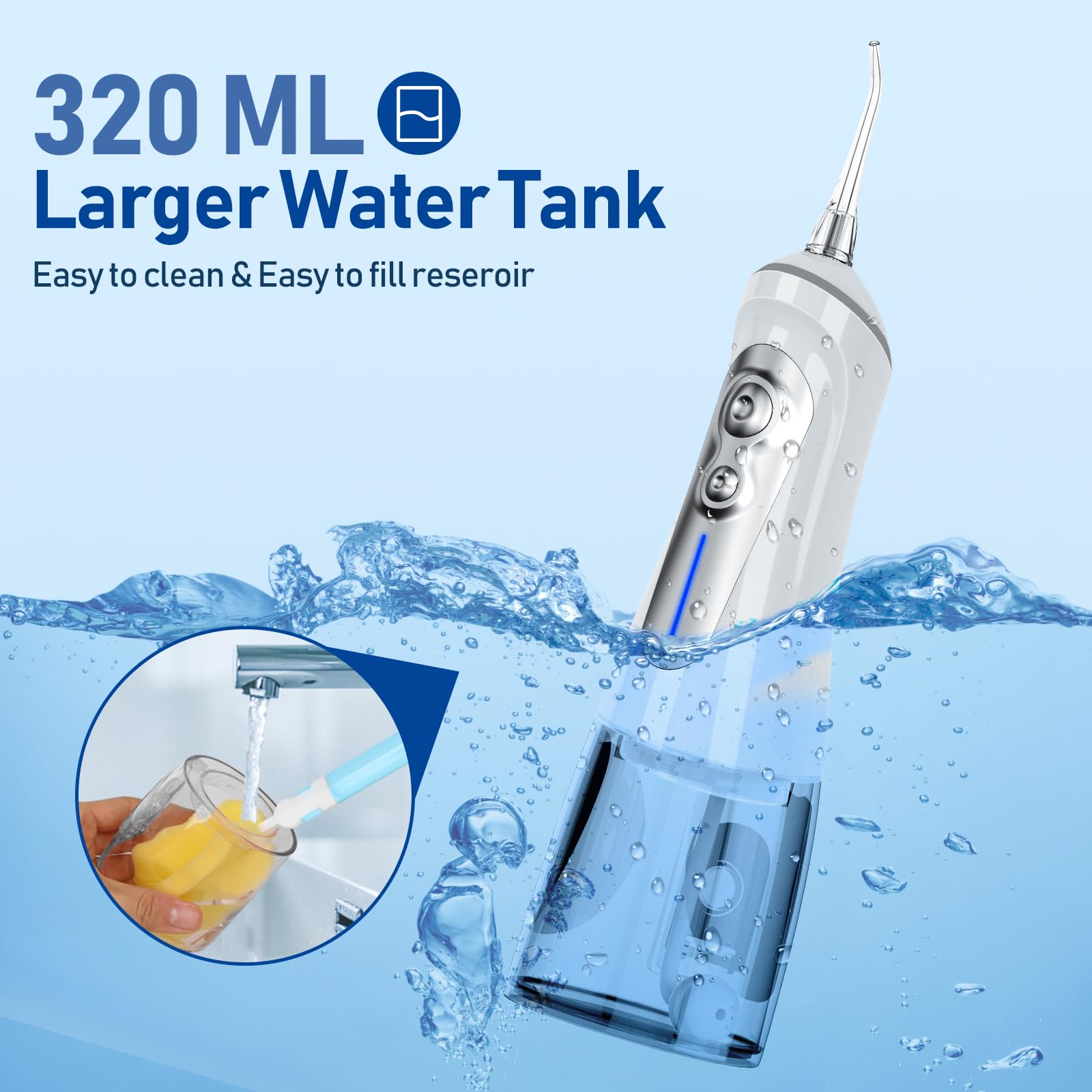 NBGRLVS Wasser-Zahnseide, kabellos, für Zahnreinigung, leistungsstarke Munddusche mit 6 einstellbaren Modi, 320 ml, tragbar und wiederaufladbar, IPX7 wasserdicht, für Zuhause, Reisen (weiß)