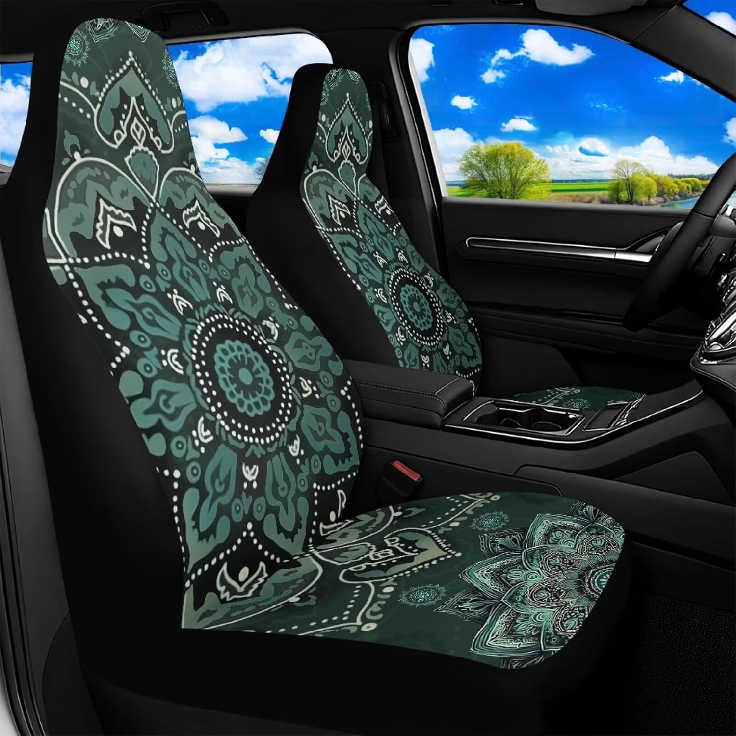 Bulopur Green Bohemian Car Seat Covers Waterproof Fabric Stretchy Car Front Seat Covers Washable Removable Auto Accessories for Women Girly Interior Protectors 2 Pack