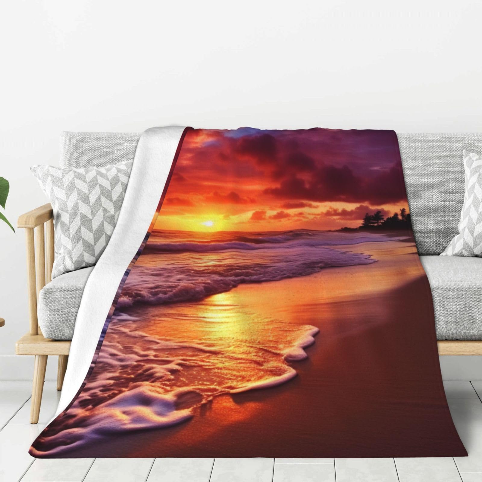 Couverture polaire douce de plage et coucher de soleil pour lit