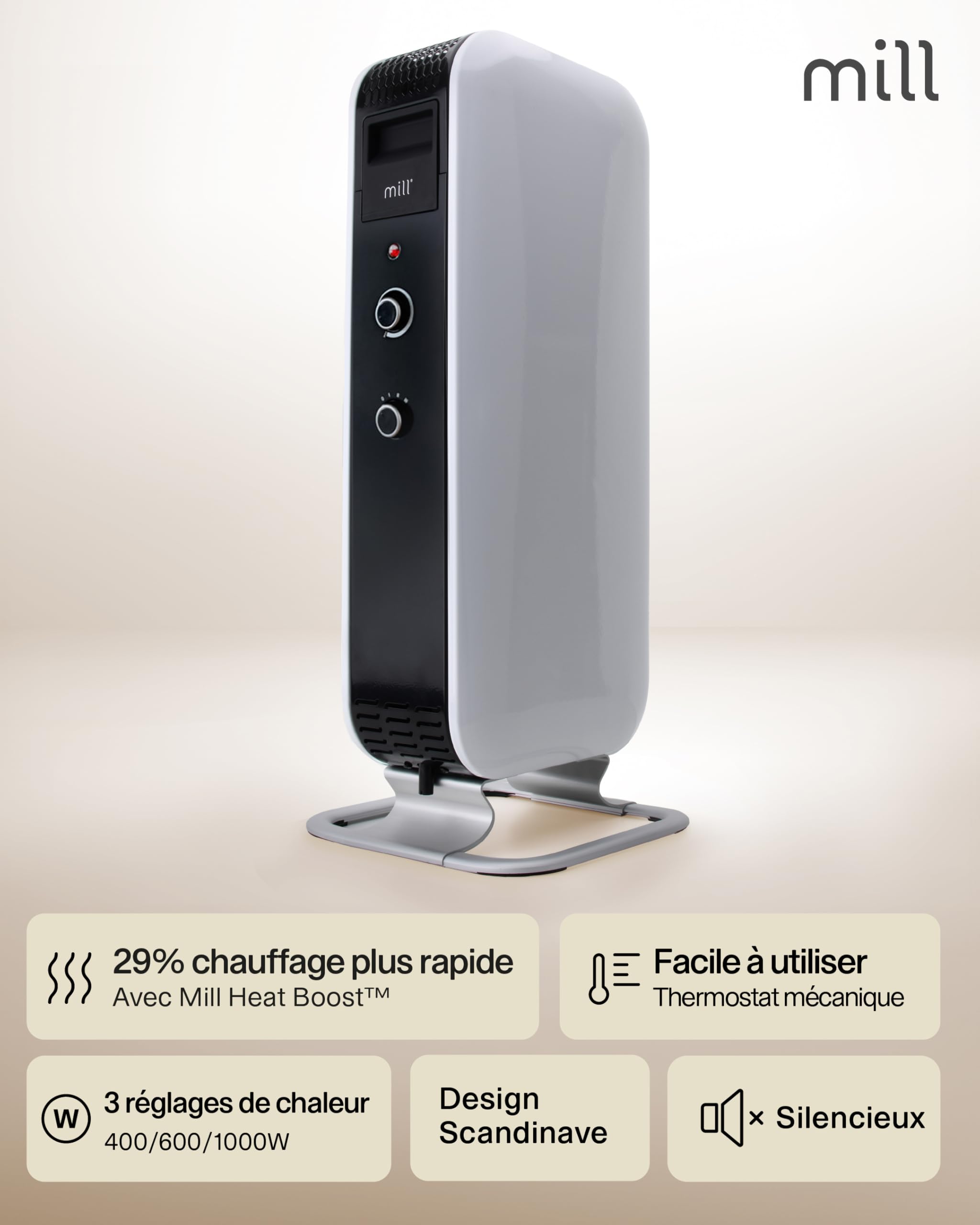 Mill Radiateur à huile bain radiateur de chauffage 1000 W AB-H1000DN Noir (Blanc, 12-16 m2 - MEC)