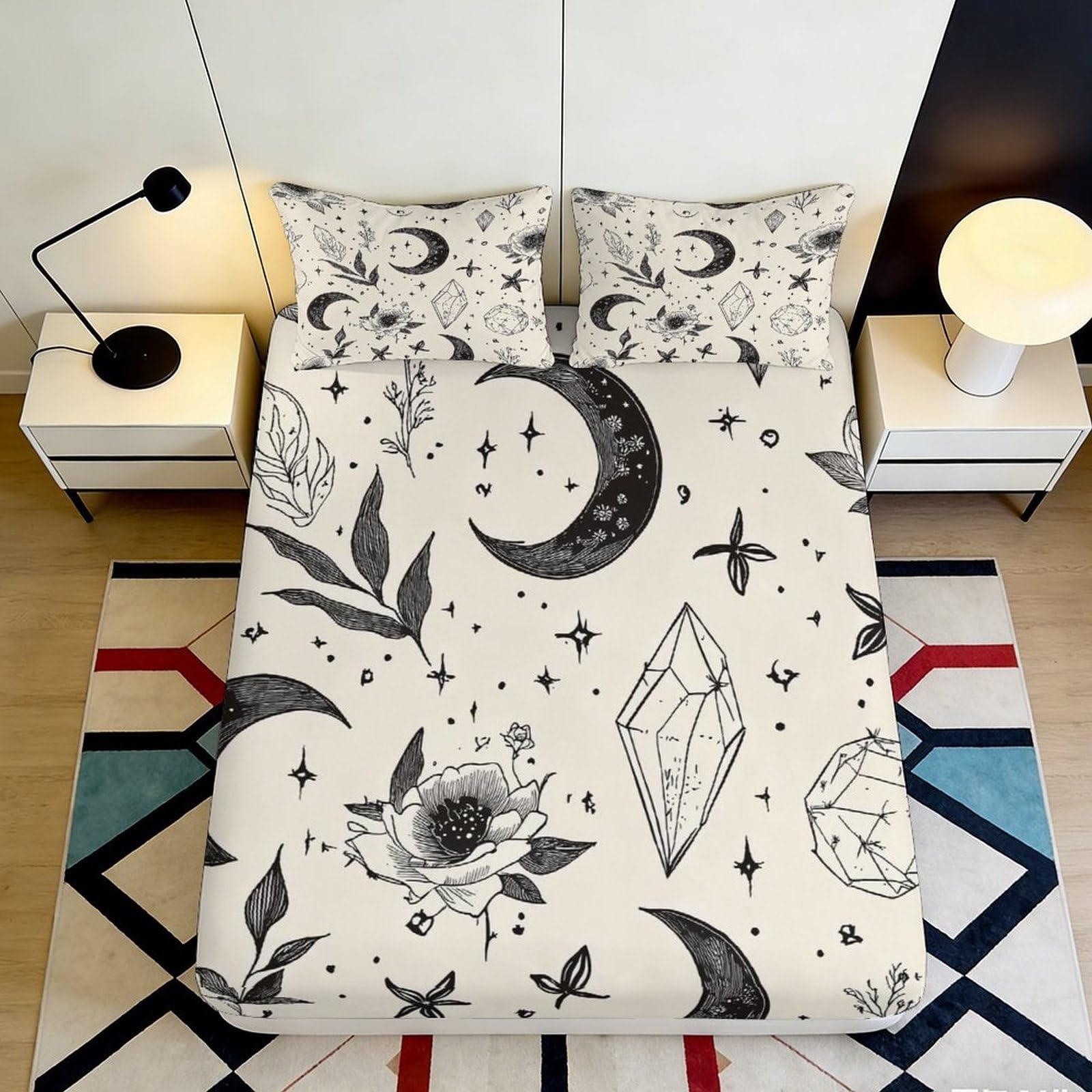 3D Printed Mystic Moon Fitted Sheet Microfiber Soft Breathable Crystal Flower Mattress Cover for Bedroom Dorm Decor 90x200x25cm