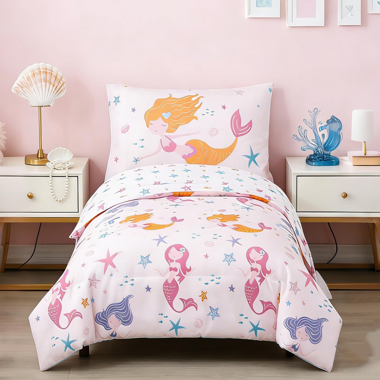 PERFEMET Toddler Bedding Sets Girls 4 Pieces Pink Mermaid Toddler Bed in A Bag Soft Reversible Blush Toddler Bed Set Include Comforter, Flat Sheet, Fitted Sheet, Pillowcase