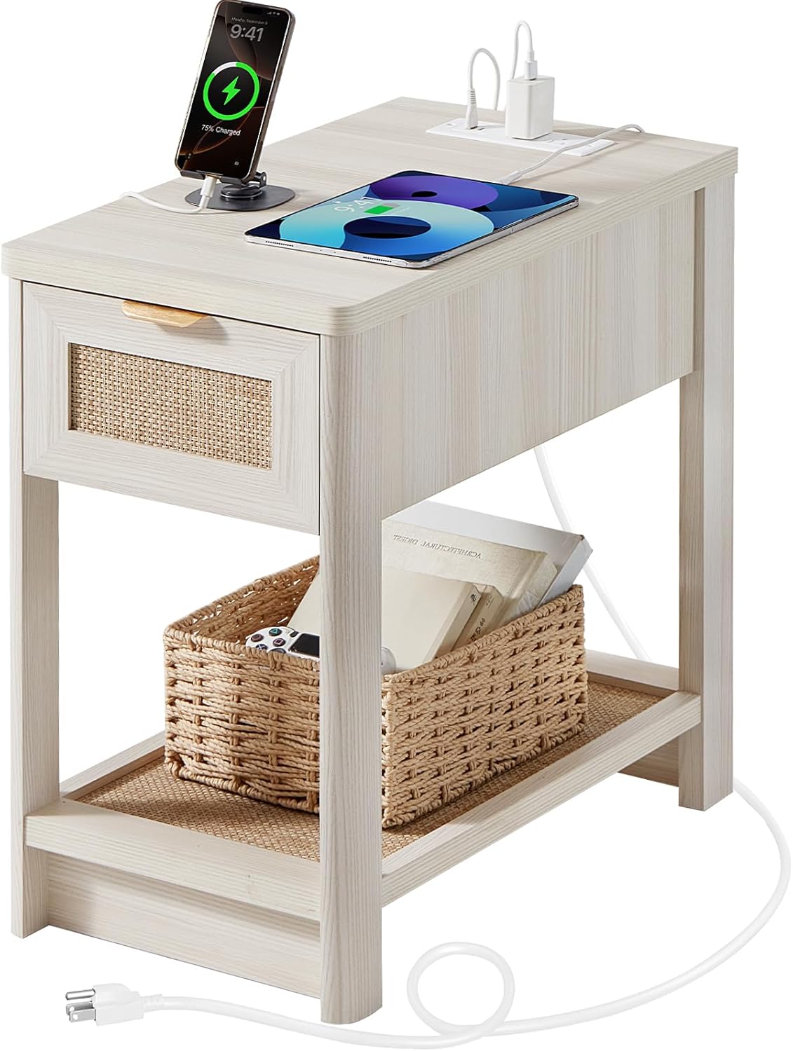 Lerliuo Narrow Night Stand with Charging Station, Boho Nightstand with Drawer, Bed Side End Table with Rattan Shelf for Small Spaces, Wood Nightstands Bedside Tables for Living Room Bedroom