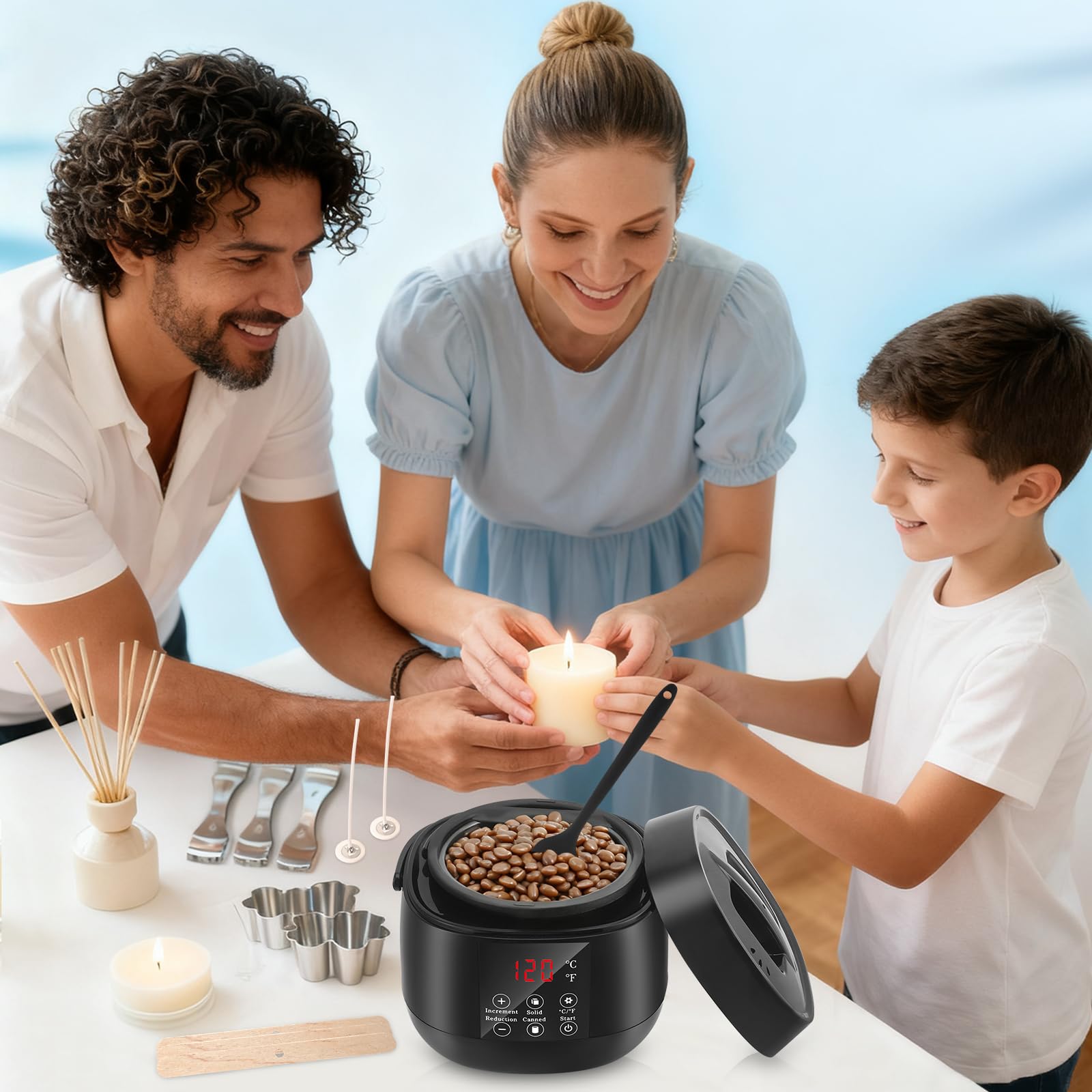Nastopee Sciogli Cera per Candele, 1L Scalda Cera per Candele, Kit per Candele Fai Da Te Con Beccuccio, Stoppini, Adesivi per Stoppini, Dispositivo Di Centraggio, Cucchiaio Incluso