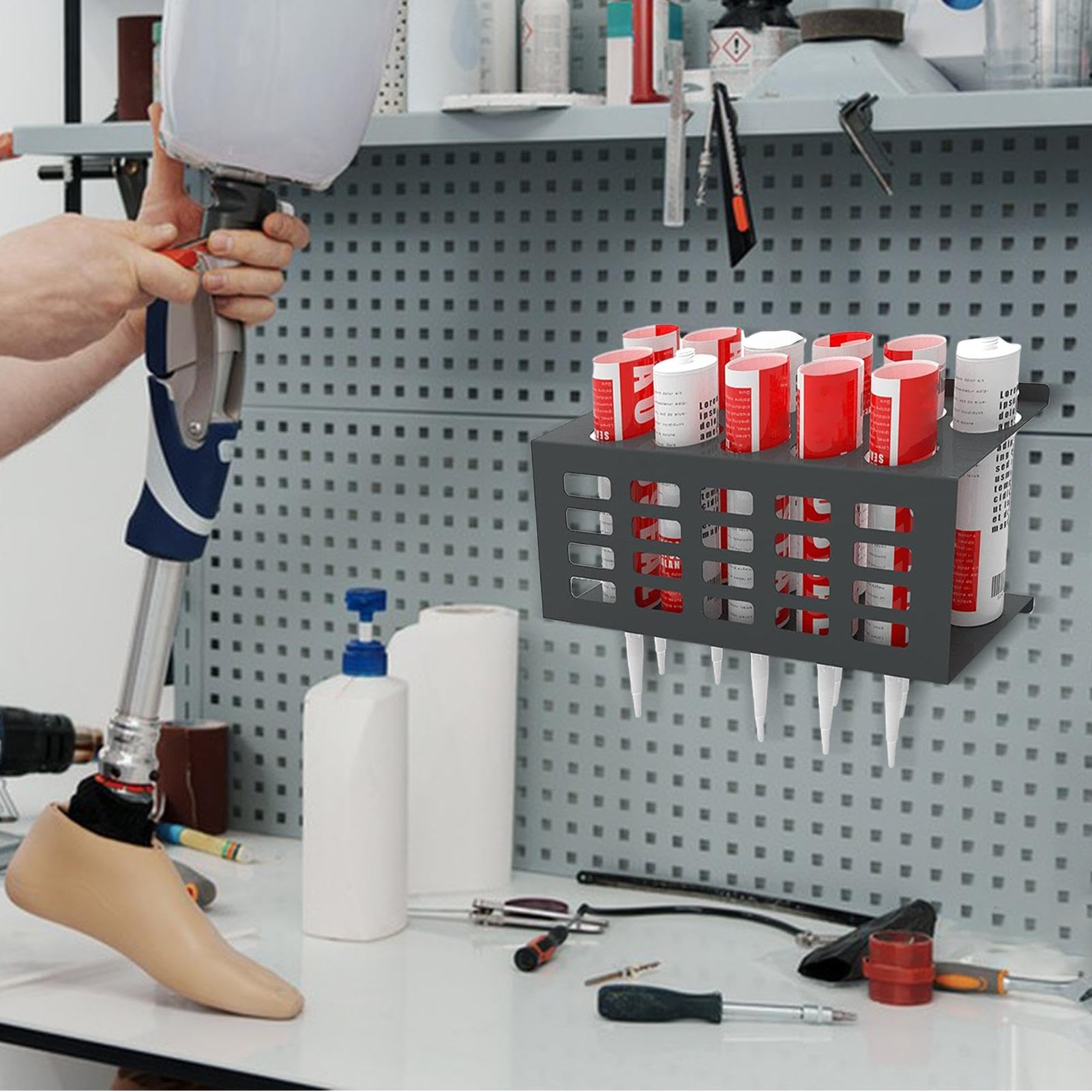 Plateau pour tubes de calfeutrage, support de rangement pour tubes en silicone, support mural pour tubes pour espace de travail, organisateur de support pour tubes de mastic de calfeutrage à la main