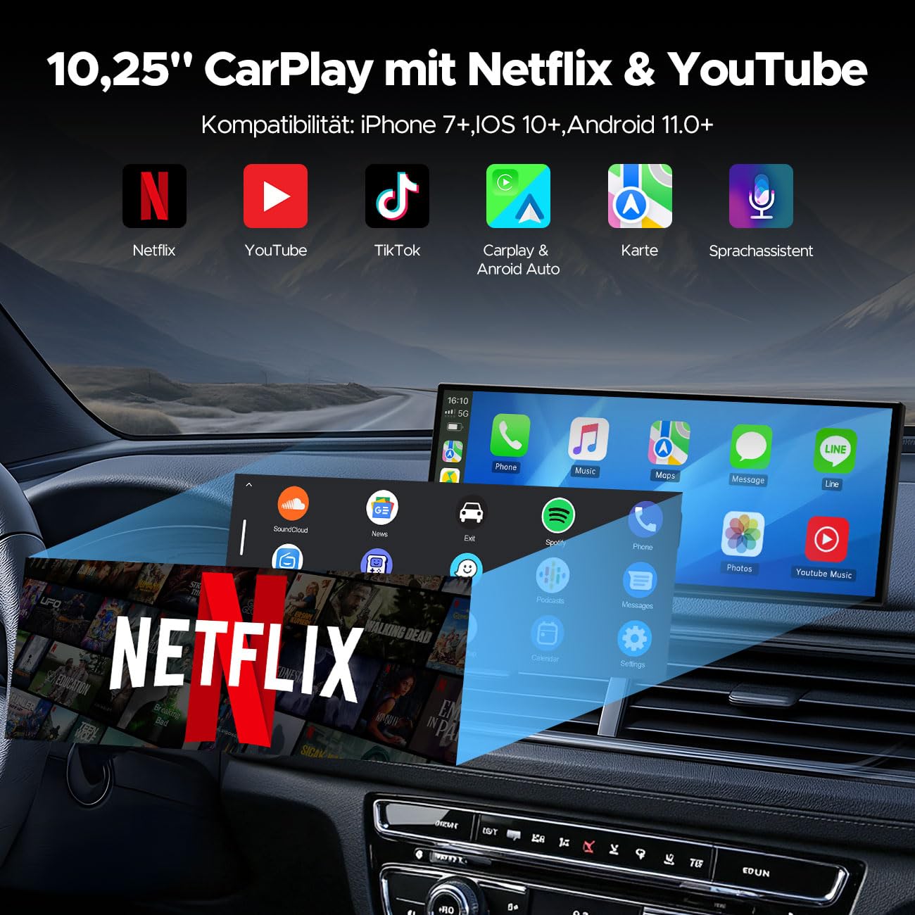 Volam 10.25 Pollici Carplay Display con YouTube/Netflix,Wireless Carplay Android Auto,schermo per auto con telecamera posteriore 1080P,1920×720P Touchscreen 2.4G/5G WLAN Bluetooth