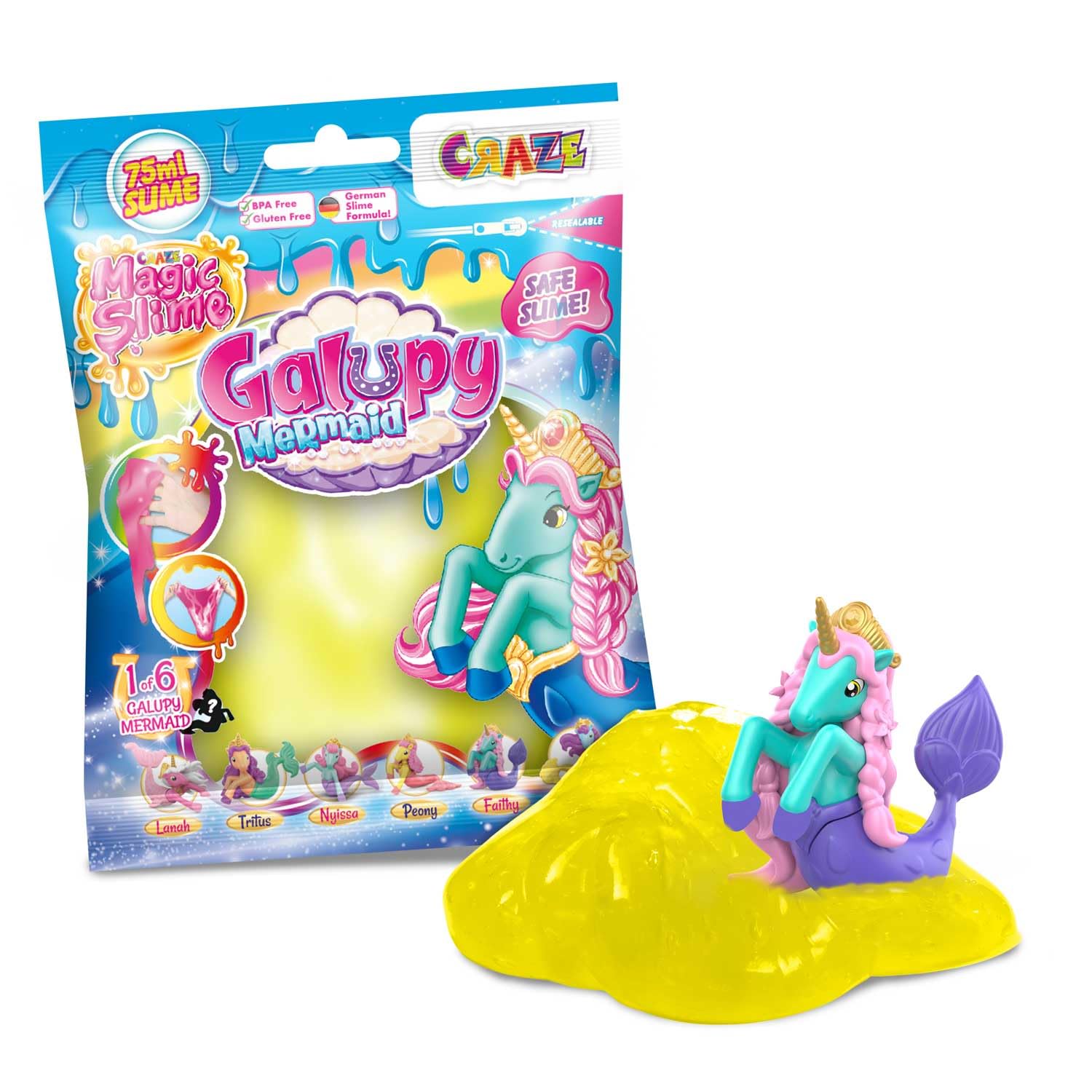 CRAZE Magic Slime Bag GALUPY Mermaid zestaw 20 sztuk, kompletny wyświetlacz dla dzieci, 20 x 75 ml, z figurką jednorożca Galupy Mermaid, figurka jednorożca, niespodzianka