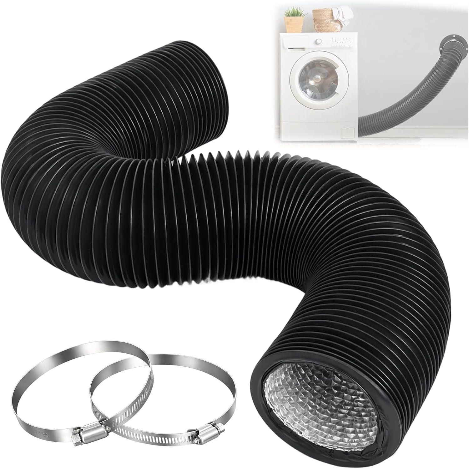 Dryer Vent Hose 4 Inch, 12 FT Flexible Aluminum Duct, Heavy Duty 4-Layer Vent Hose for Dryer, HVAC, Heating, Cooling & Ventilation, Includes 2 Stainless Steel Clamps, Black