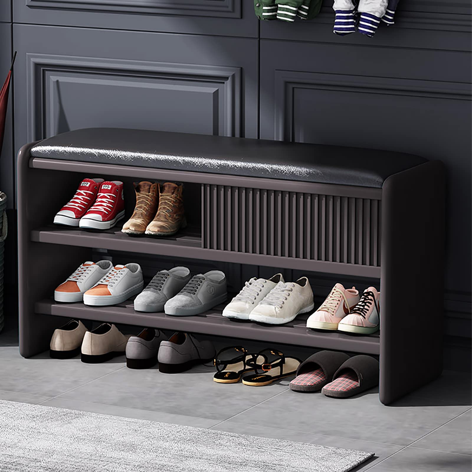 MYUYEE Modern Shoe Storage Bench,Wooden Entryway Bench With Leather Cushion,Upholstered Shoe Bench Shoe Cabinet Hallway Shoe Orga Furniture-Brown-Black Seat(Gray-Black Seat-60X30X45Cm)
