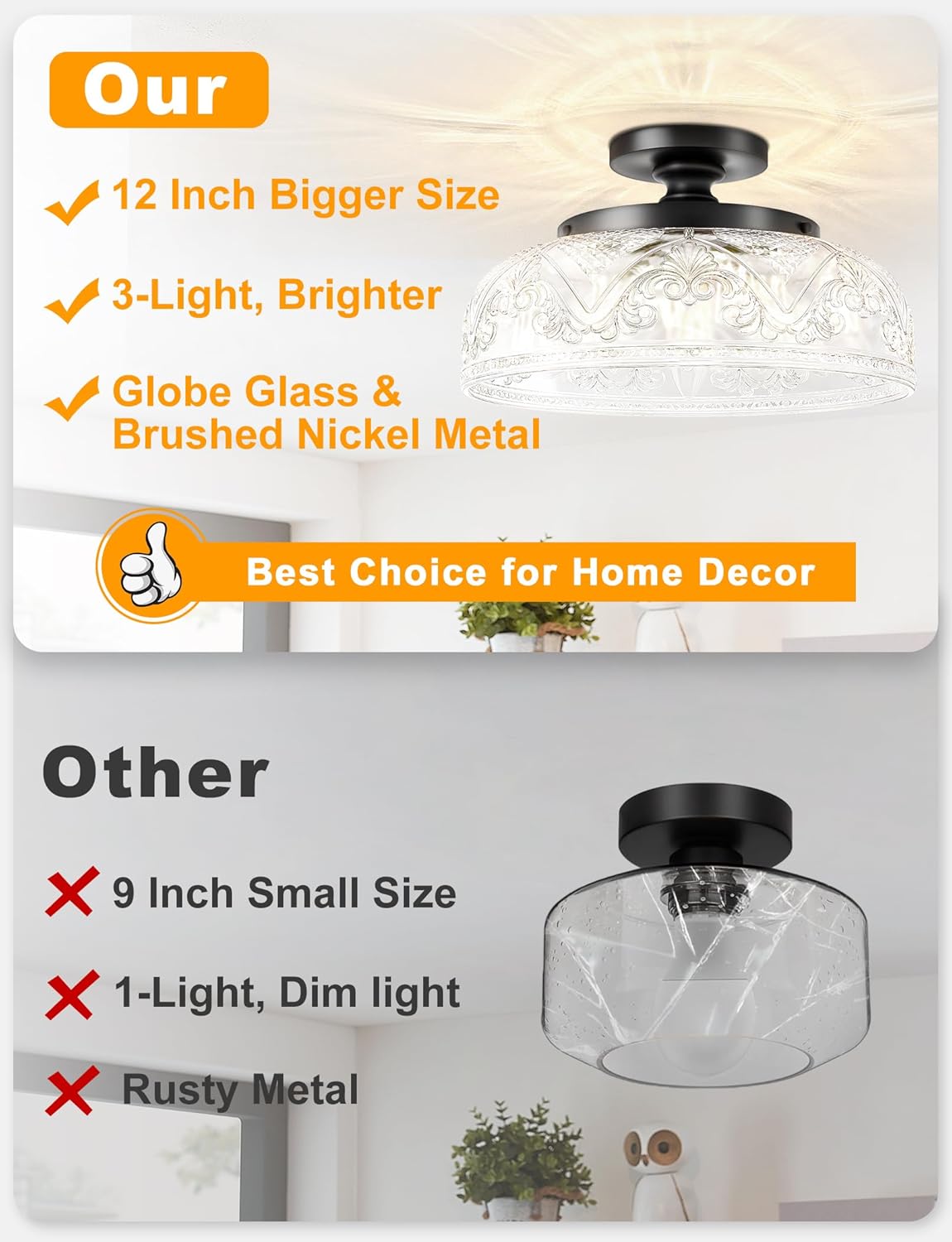 Semi Flush Mount Ceiling Light, 12 Inch Large Black Ceiling Light Fixture, 3-Light Globe Glass Industrial Kitchen Lighting Fixtures for Bathroom, Hallway, Dining Room (Bulb Not Included)