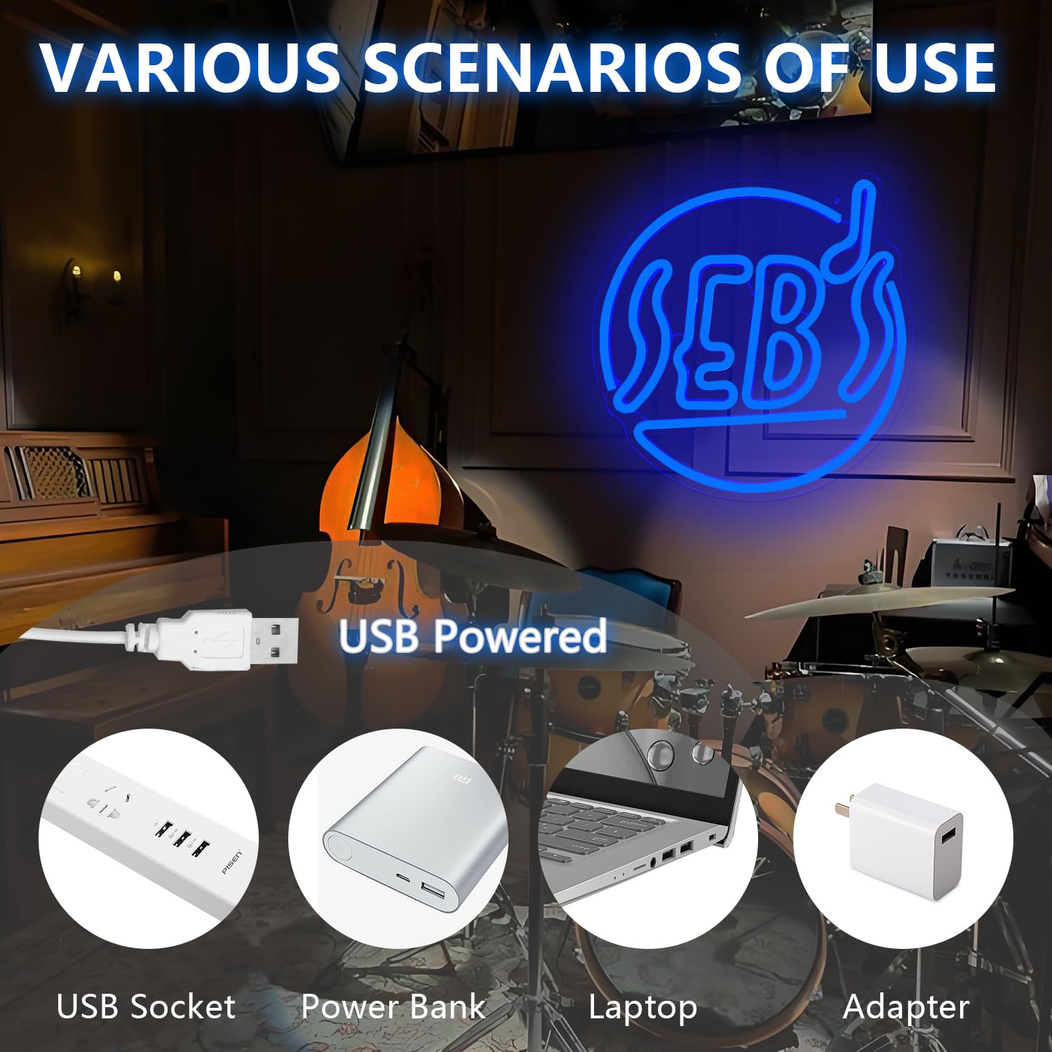 Sebs - Insegna al neon per parete a tema musicale, insegna a LED classica per camera da letto, jazz, pub, blu, decorazione da parete, regalo di Natale per gli amanti del cinema, musica e bar