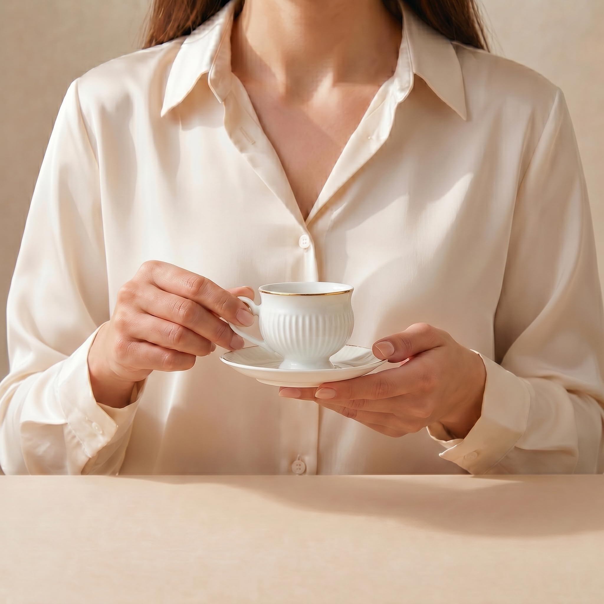 KARACA Set di 6 tazzine da caffè in porcellana, 12 pezzi, 100 ml, oro bianco, design moderno