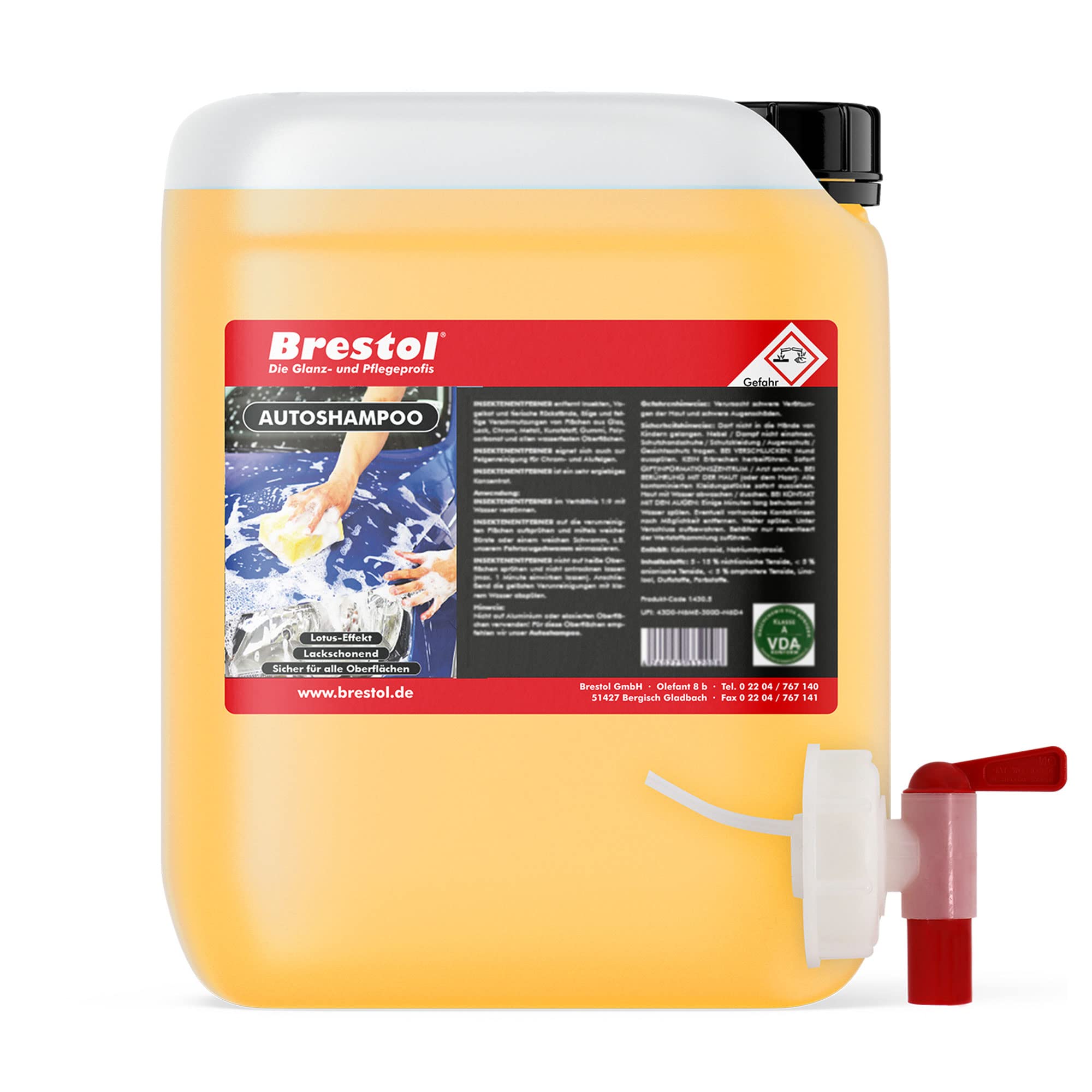 BRESTOL® Autoshampoo 25 Liter Konzentrat mit Auslaufhahn 61 mm - Autowäsche Abperleffekt Abperl-Effekt geeignet für Foam Master Schaumsprüher Schaumsprühgerät oder manuelle Fahrzeugwäsche