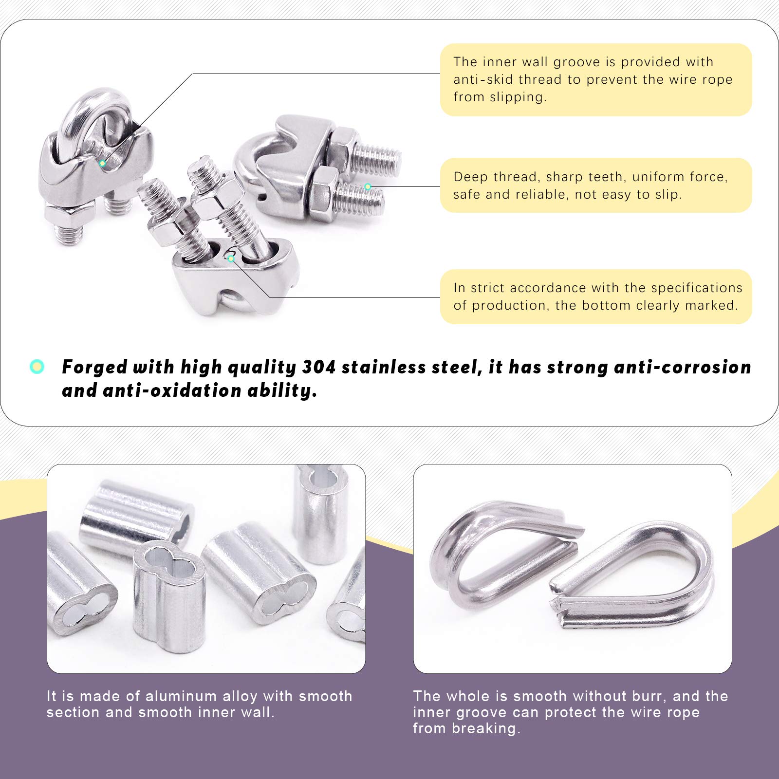 Swpeet 24Pcs M6 (1/4") Wire Rope Accessory Set, Included M6 Wire Rope Cable Clip Clamp, M6 Stainless Steel Thimble, 6mm Aluminum Crimping Loop Sleeve